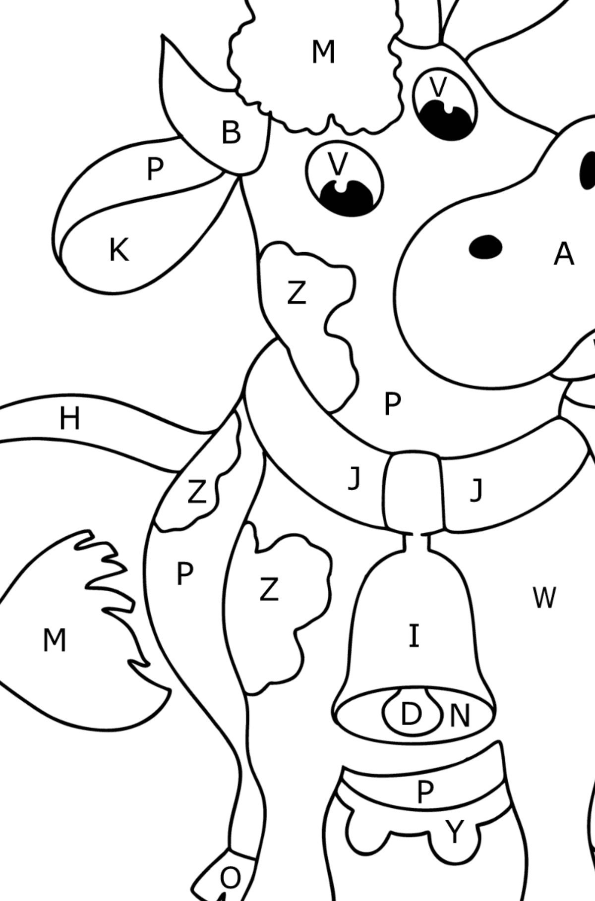 Coloring page cow with a bell - Coloring by Letters for Kids