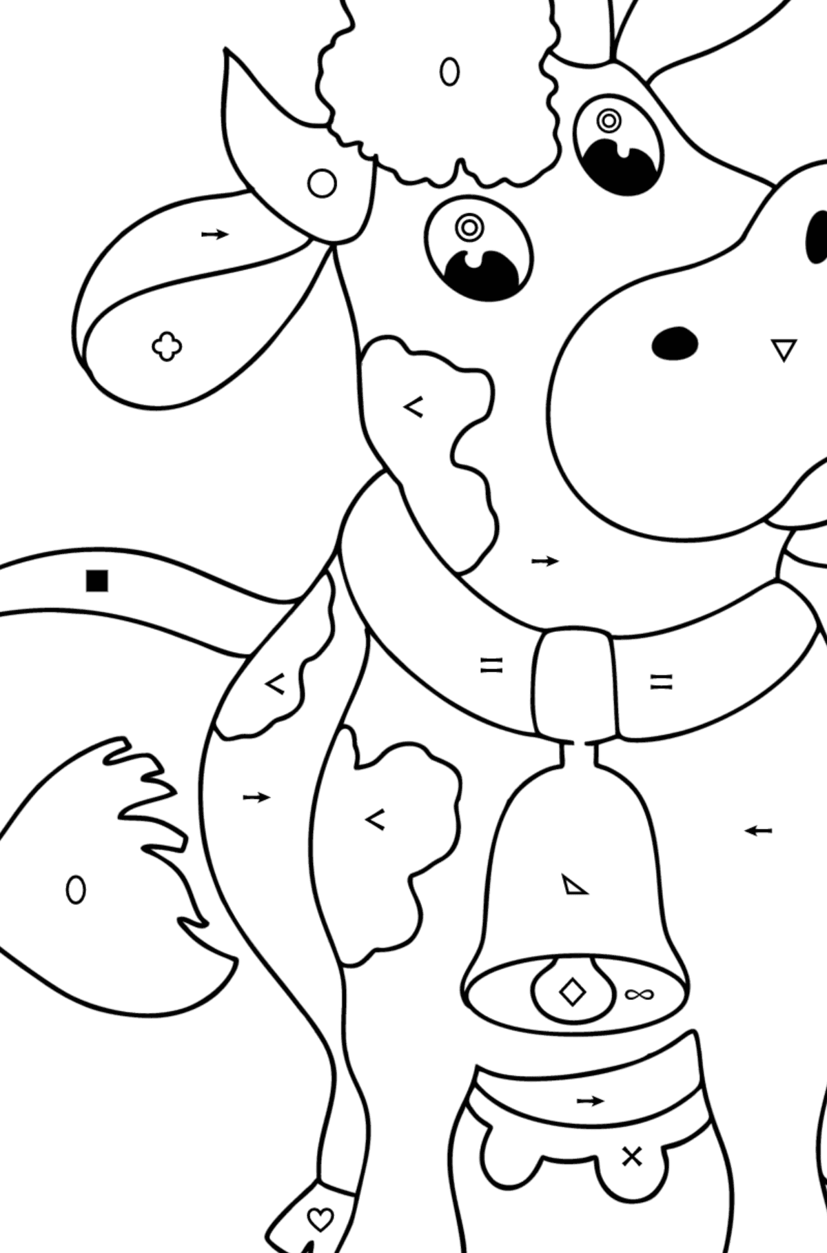 Coloring page cow with a bell - Coloring by Symbols and Geometric Shapes for Kids