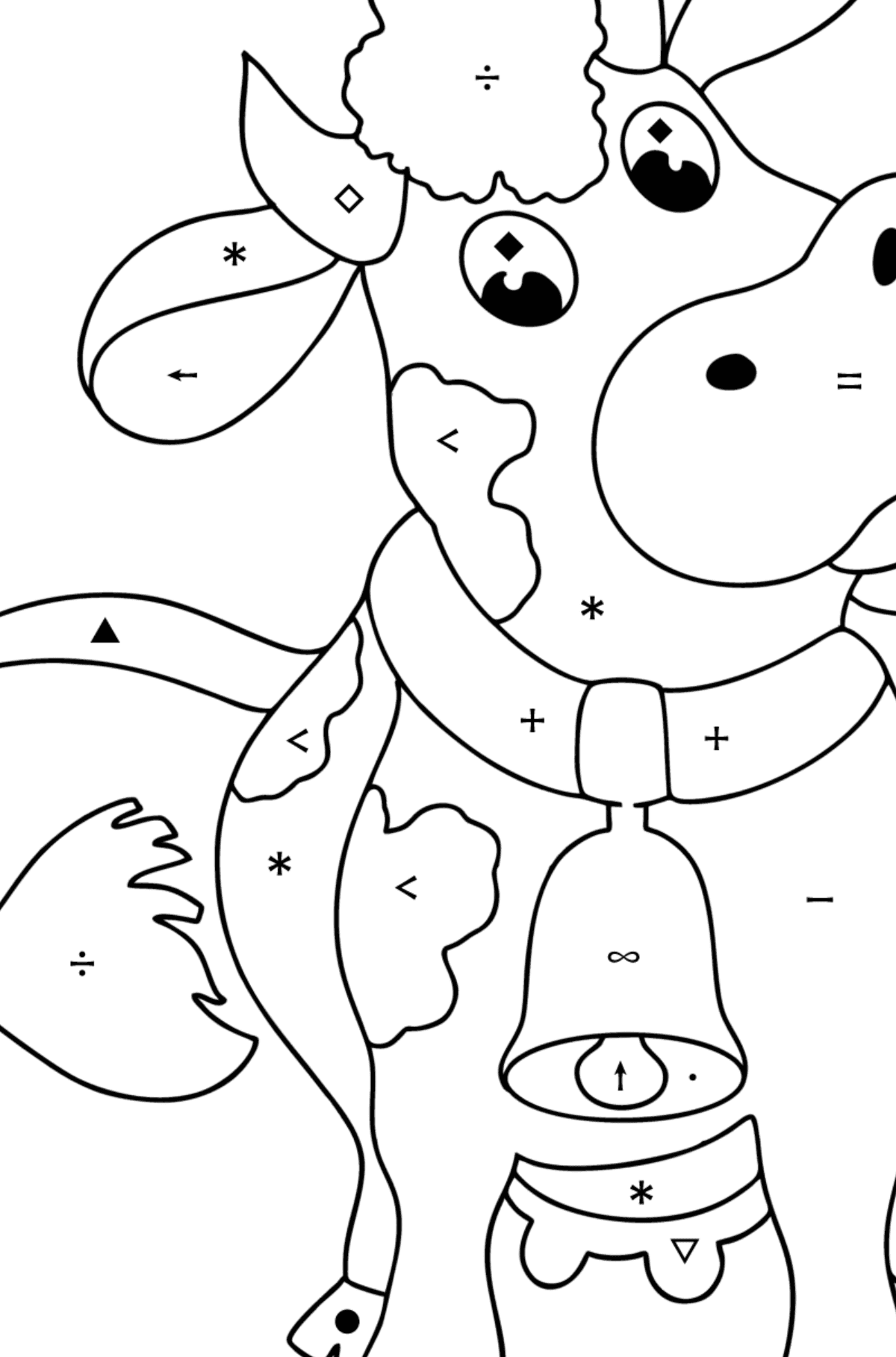 Coloring page cow with a bell - Coloring by Symbols for Kids