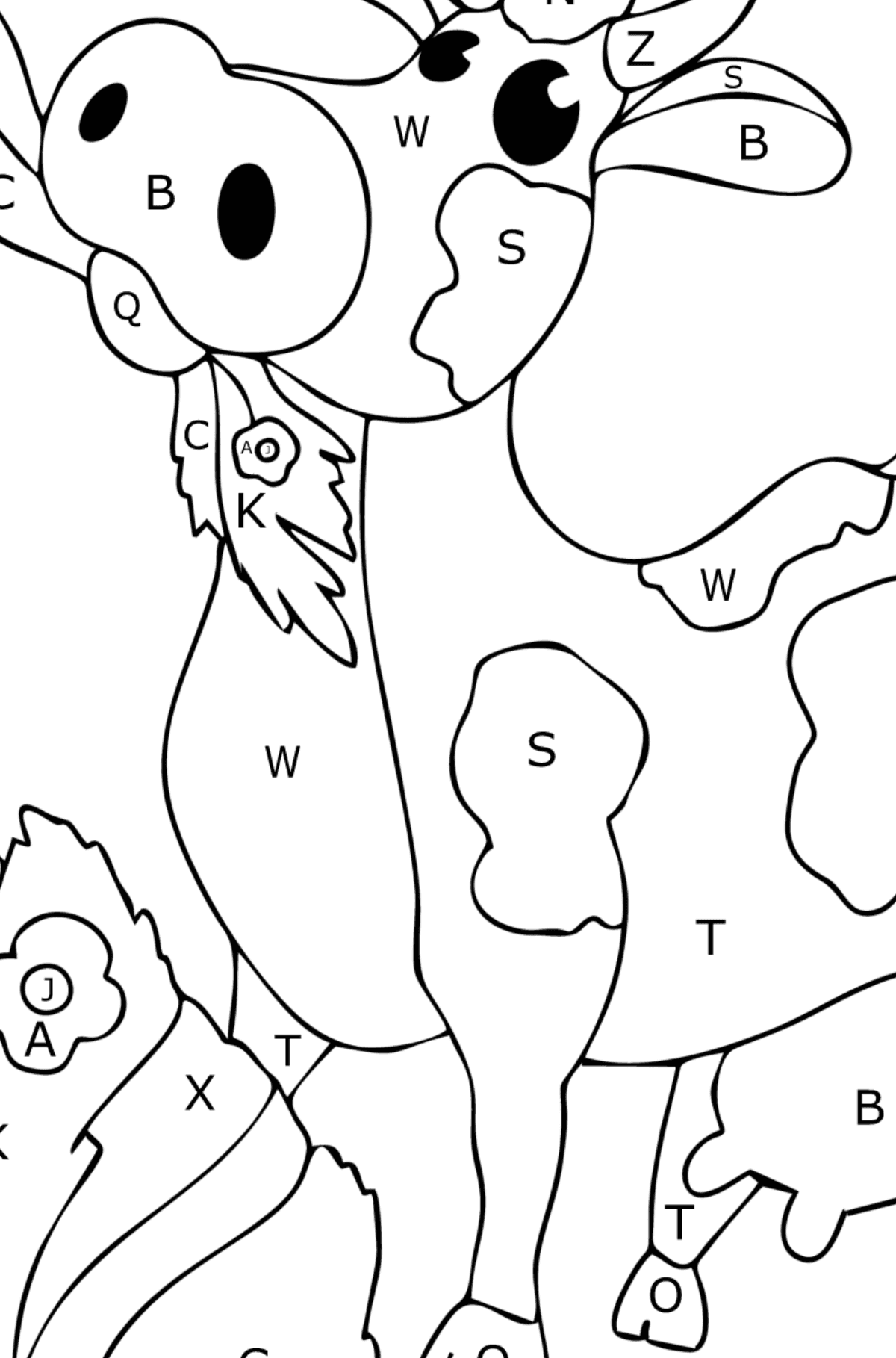 Dibujo para colorear Vaca con heno - Colorear por Letras para Niños