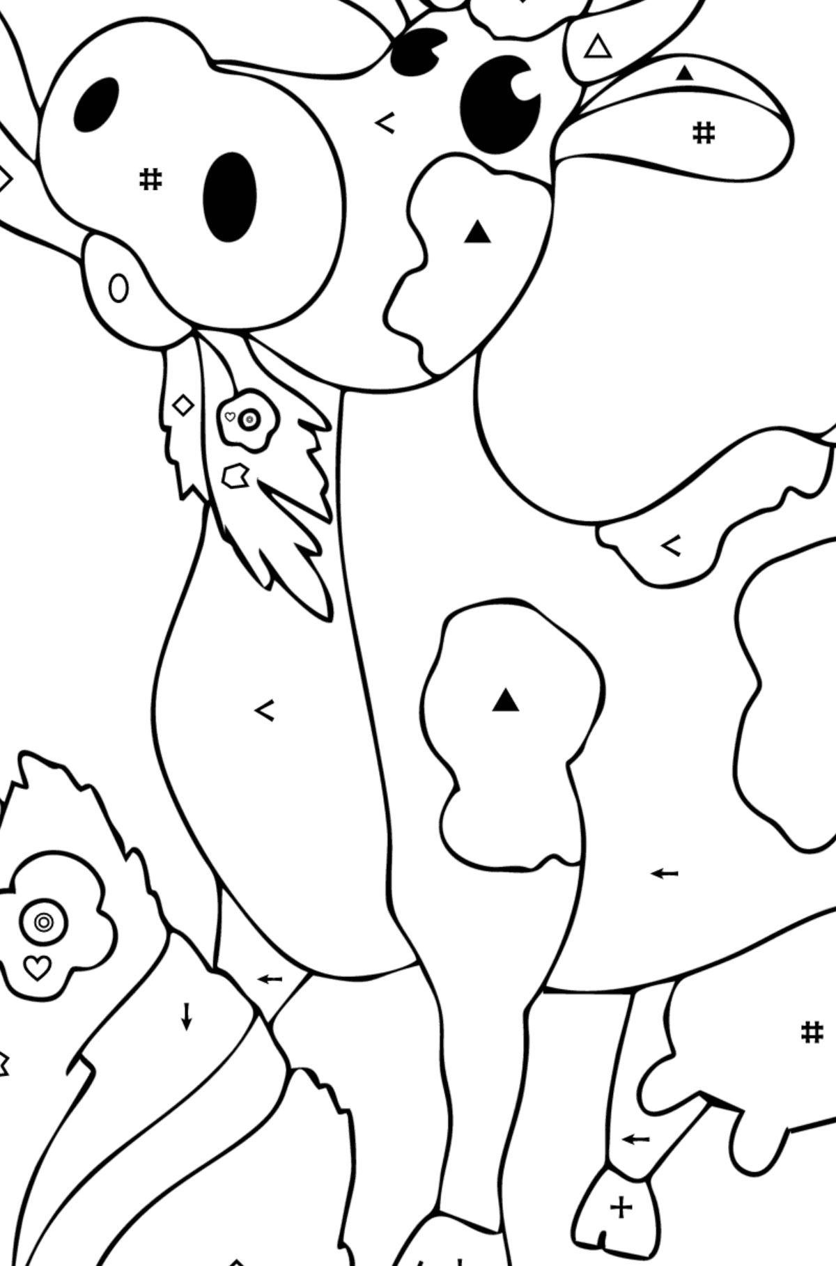 Värityskuva Lehmä heinällä - Väritys Symbolien ja Geometristen Kuvioiden mukaan lapsille