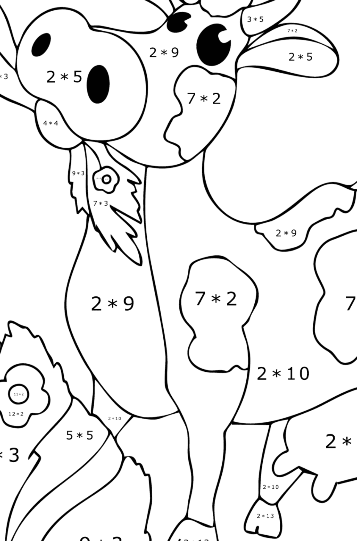 Dibujo para colorear Vaca con heno - Colorear con Matemáticas - Multiplicaciones para Niños