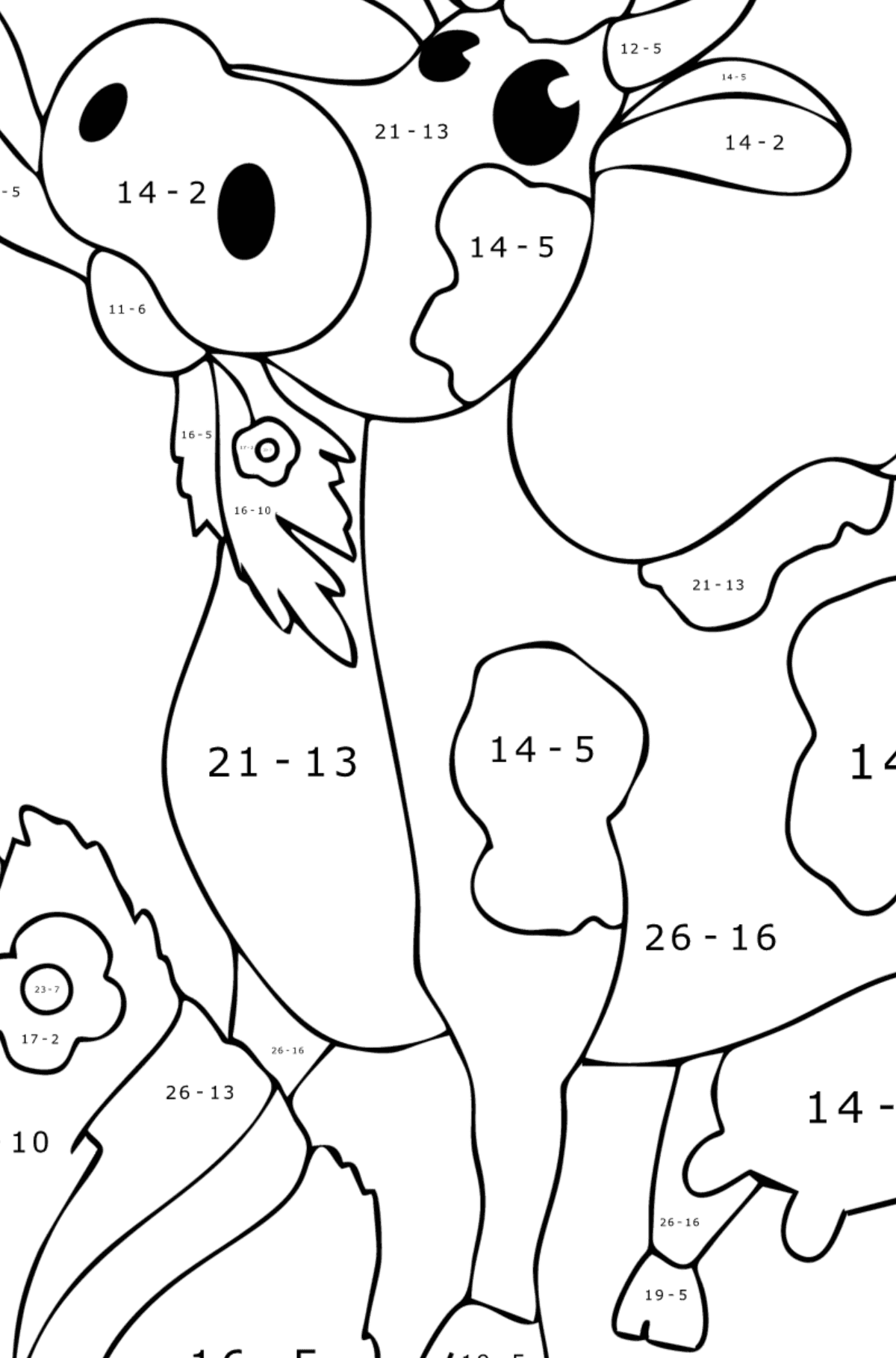 Dibujo para colorear Vaca con heno - Colorear con Matemáticas - Restas para Niños