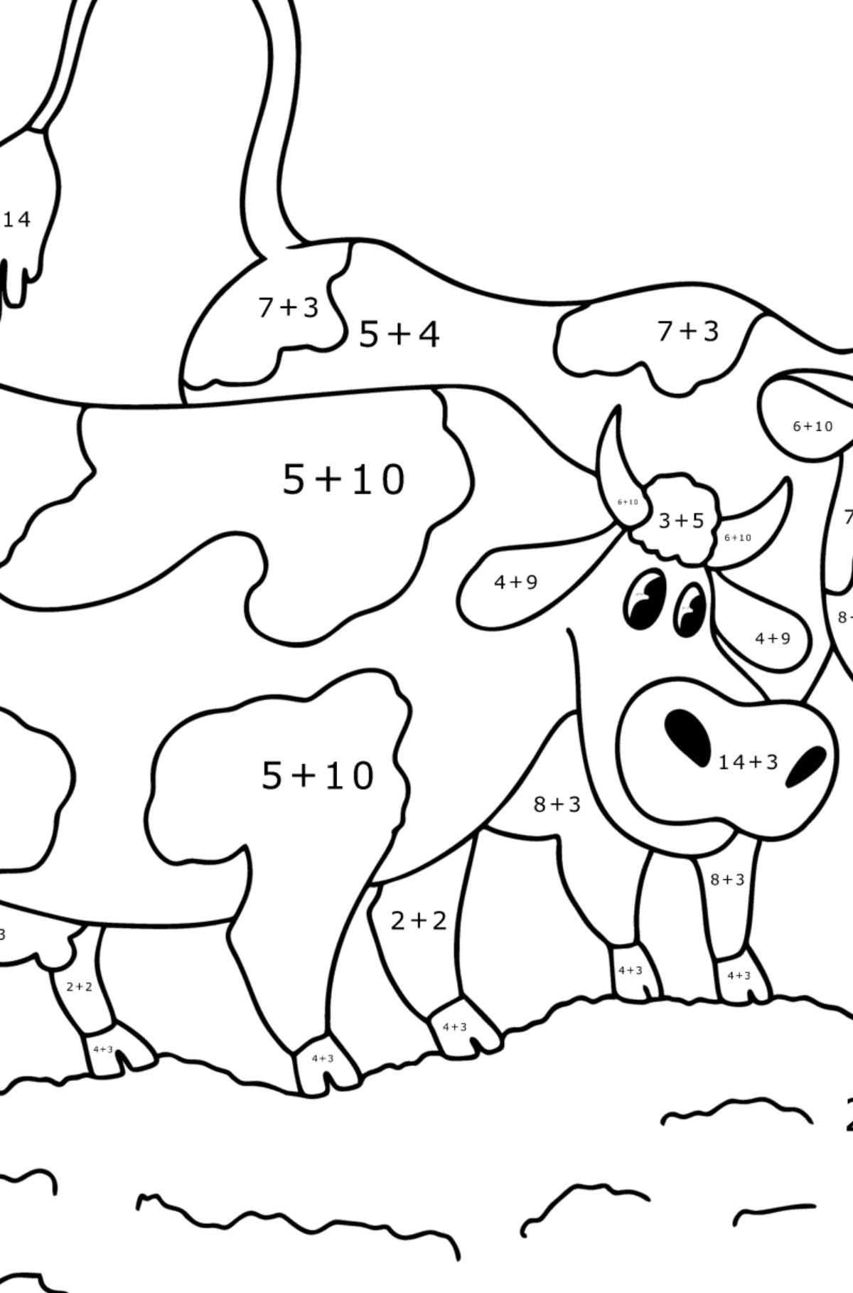 Tegning til fargelegging To kyr på enga - Matematisk fargeleggingsside - addisjon for barn