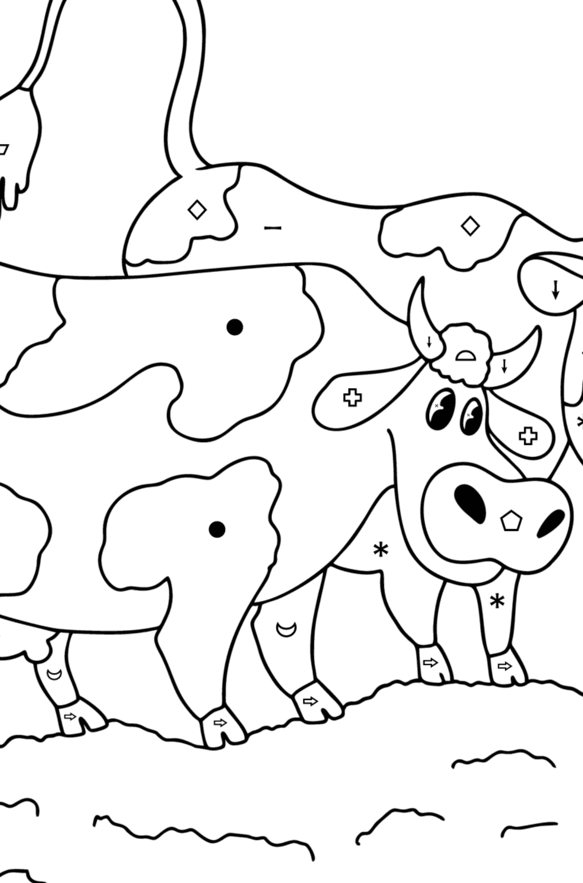 Värityskuva Kaksi lehmää niityllä - Väritys Symbolien ja Geometristen Kuvioiden mukaan lapsille