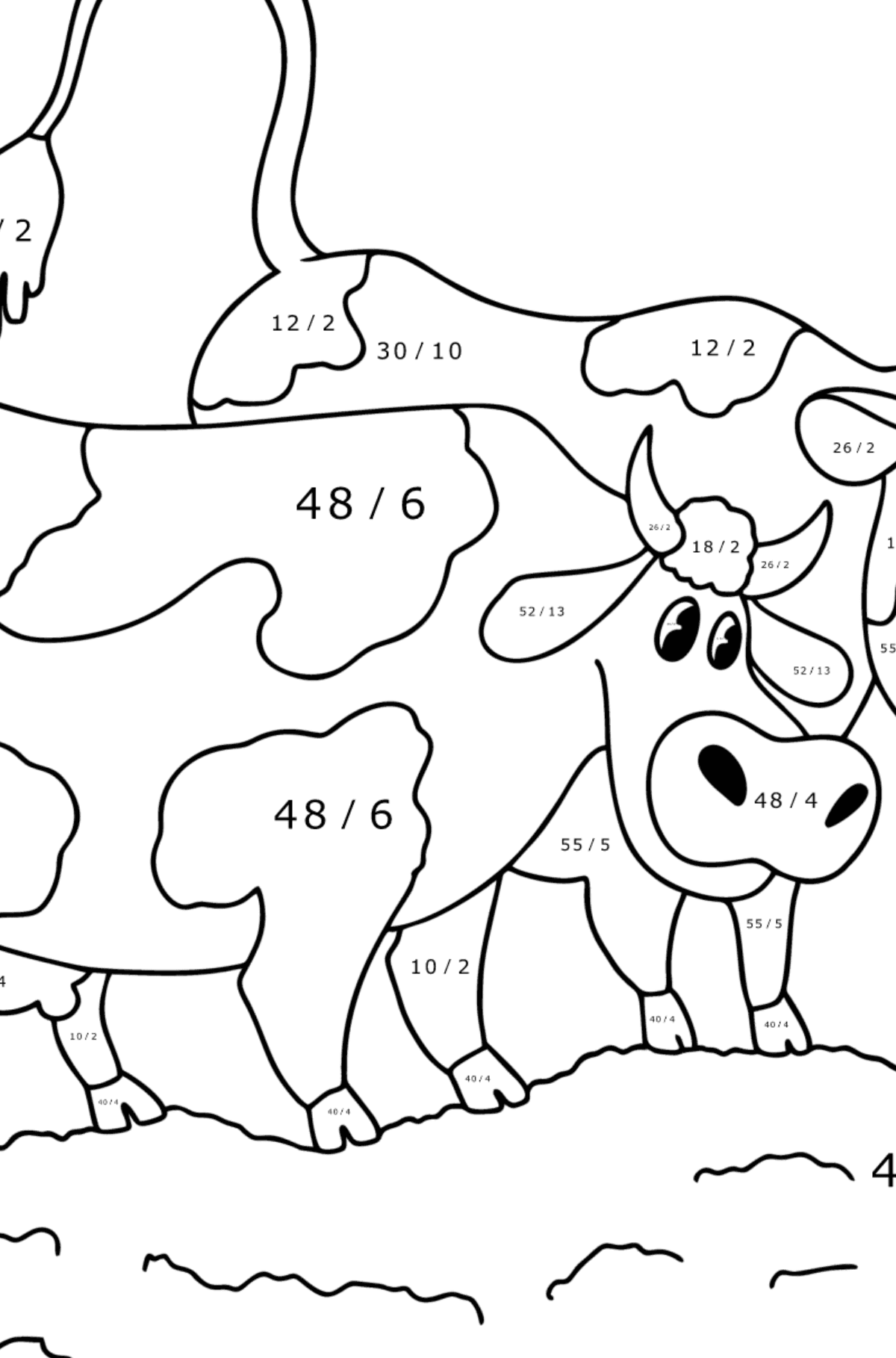 Värityskuva Kaksi lehmää niityllä - Matemaattinen Värityslasku - Jakolasku lapsille