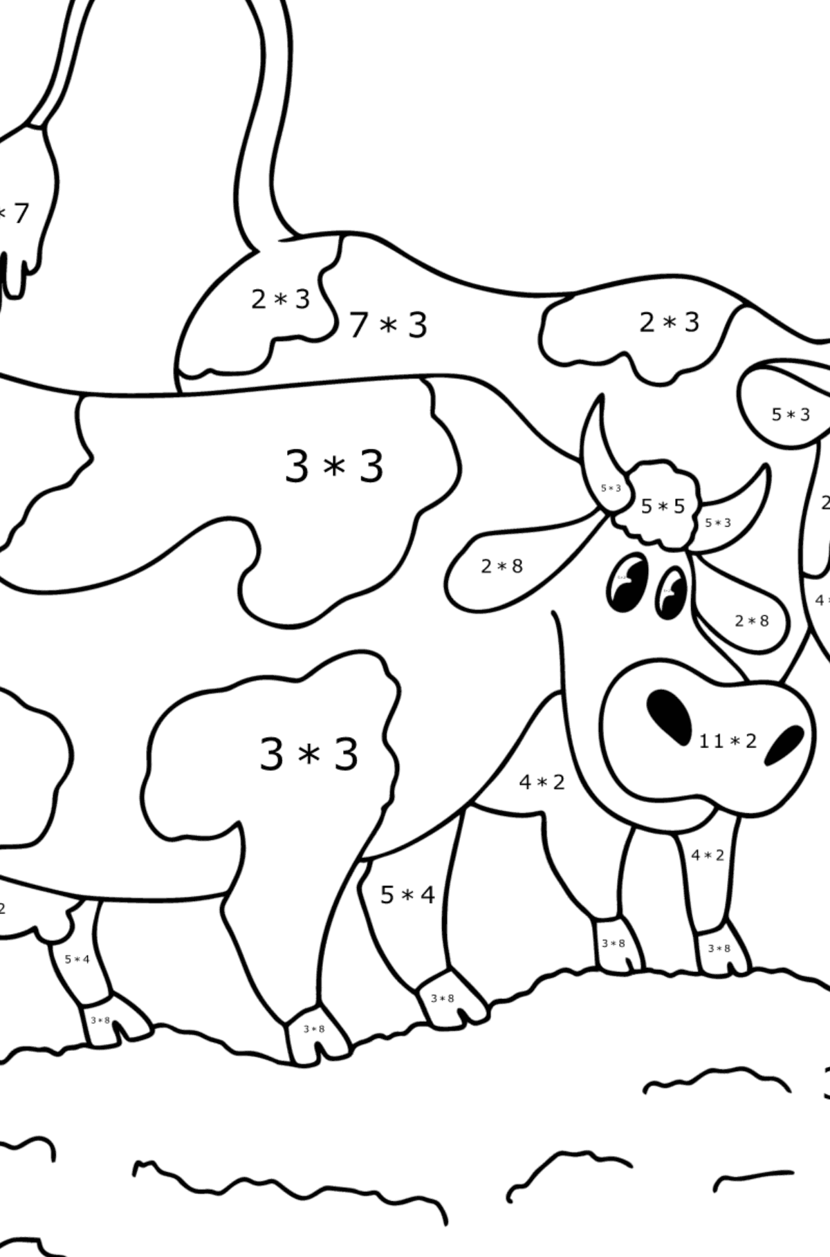 Dibujo de vacas para colorear - Colorear con Matemáticas - Multiplicaciones para Niños
