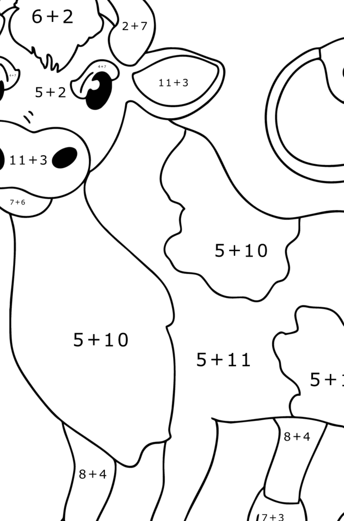 Värityskuva Harmaa härkä - Matemaattinen Väritys - Yhteenlasku lapsille