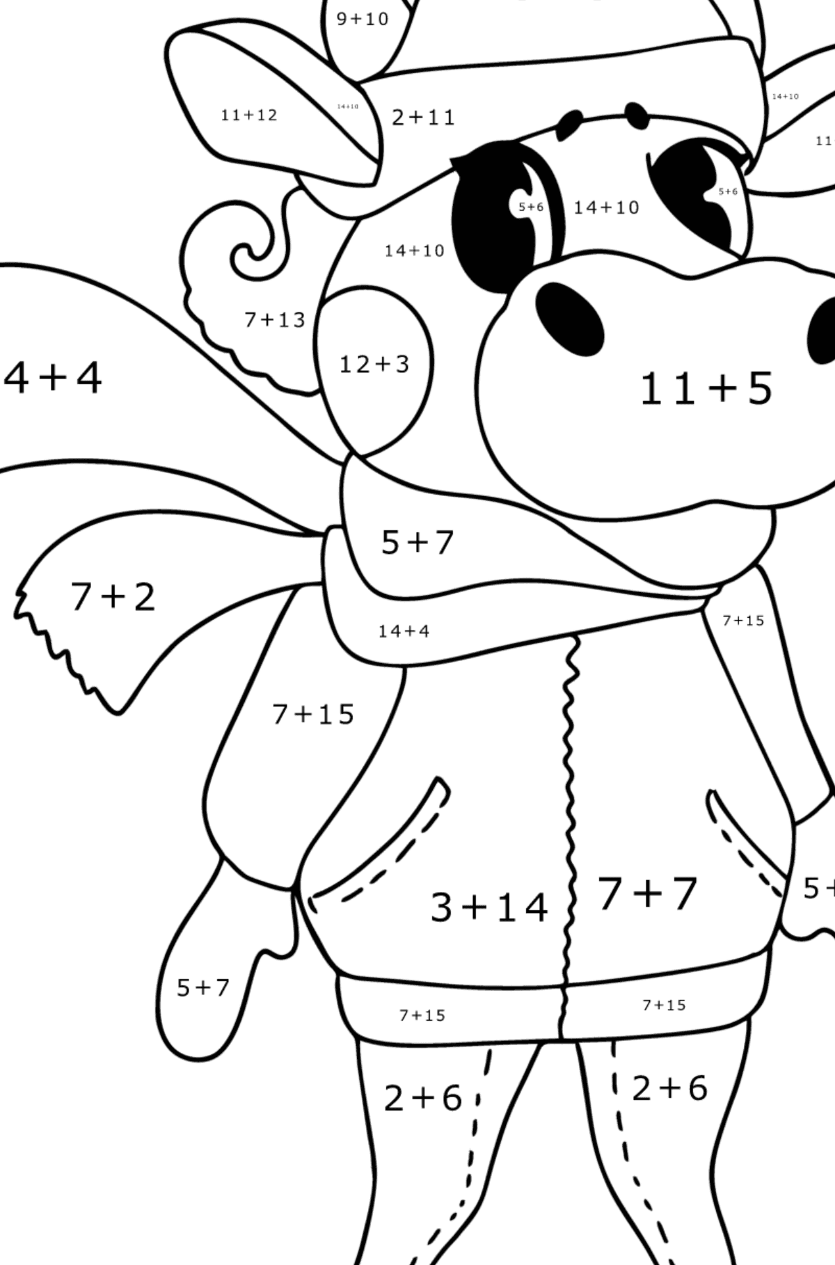 Värityskuva Kawaii lehmä - Matemaattinen Väritys - Yhteenlasku lapsille