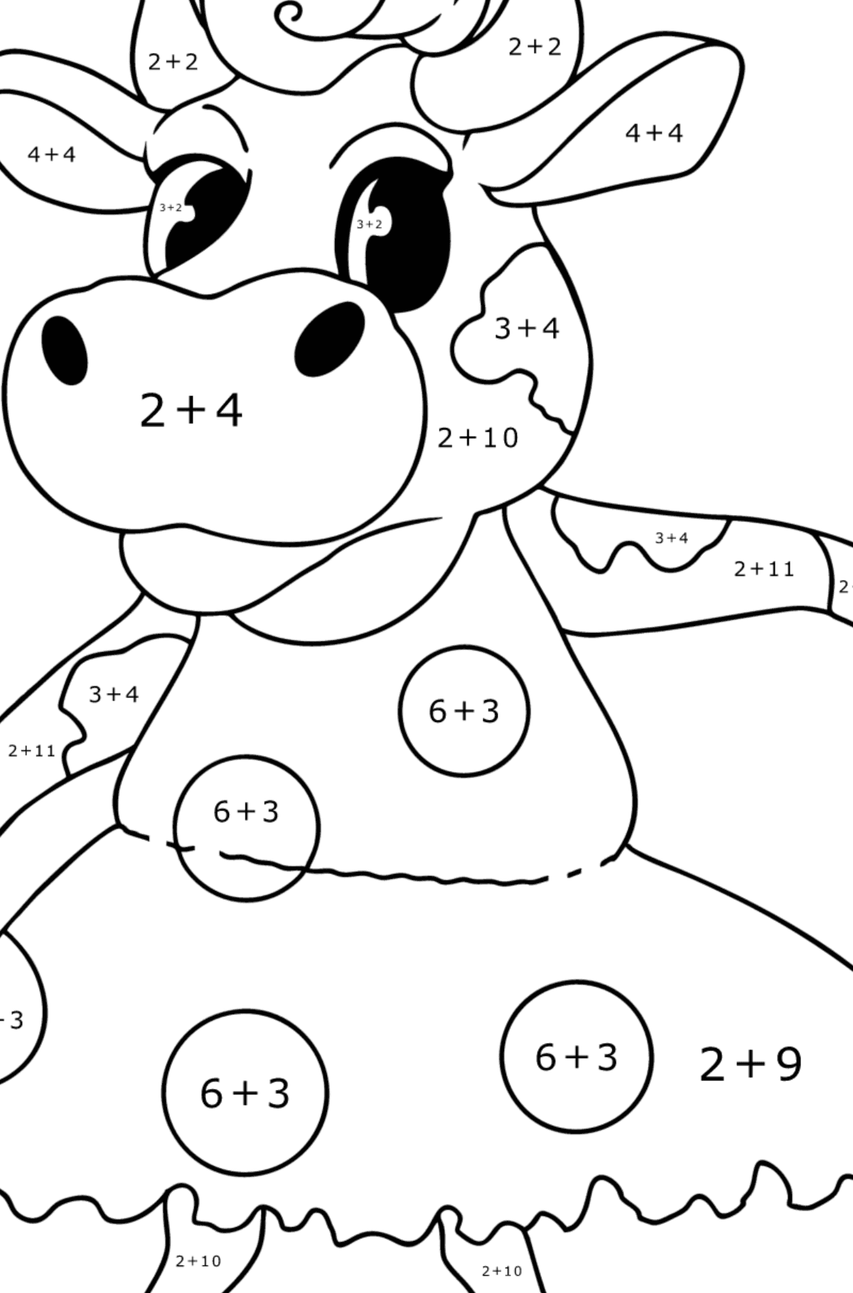 Värityskuva Kawaii-lehmä seisomassa - Matemaattinen Väritys - Yhteenlasku lapsille
