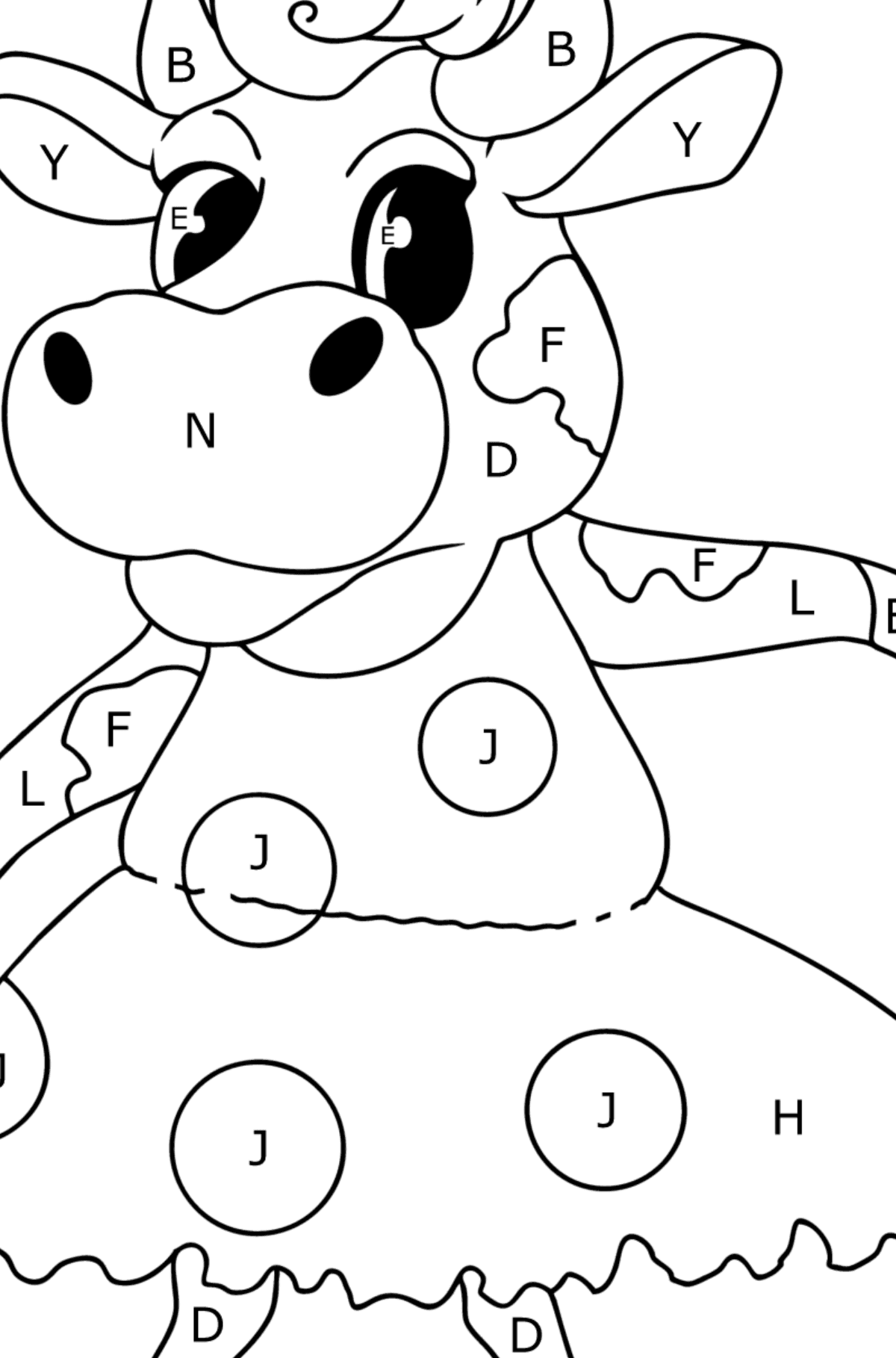 Kawaii cow standing up coloring page - Coloring by Letters for Kids