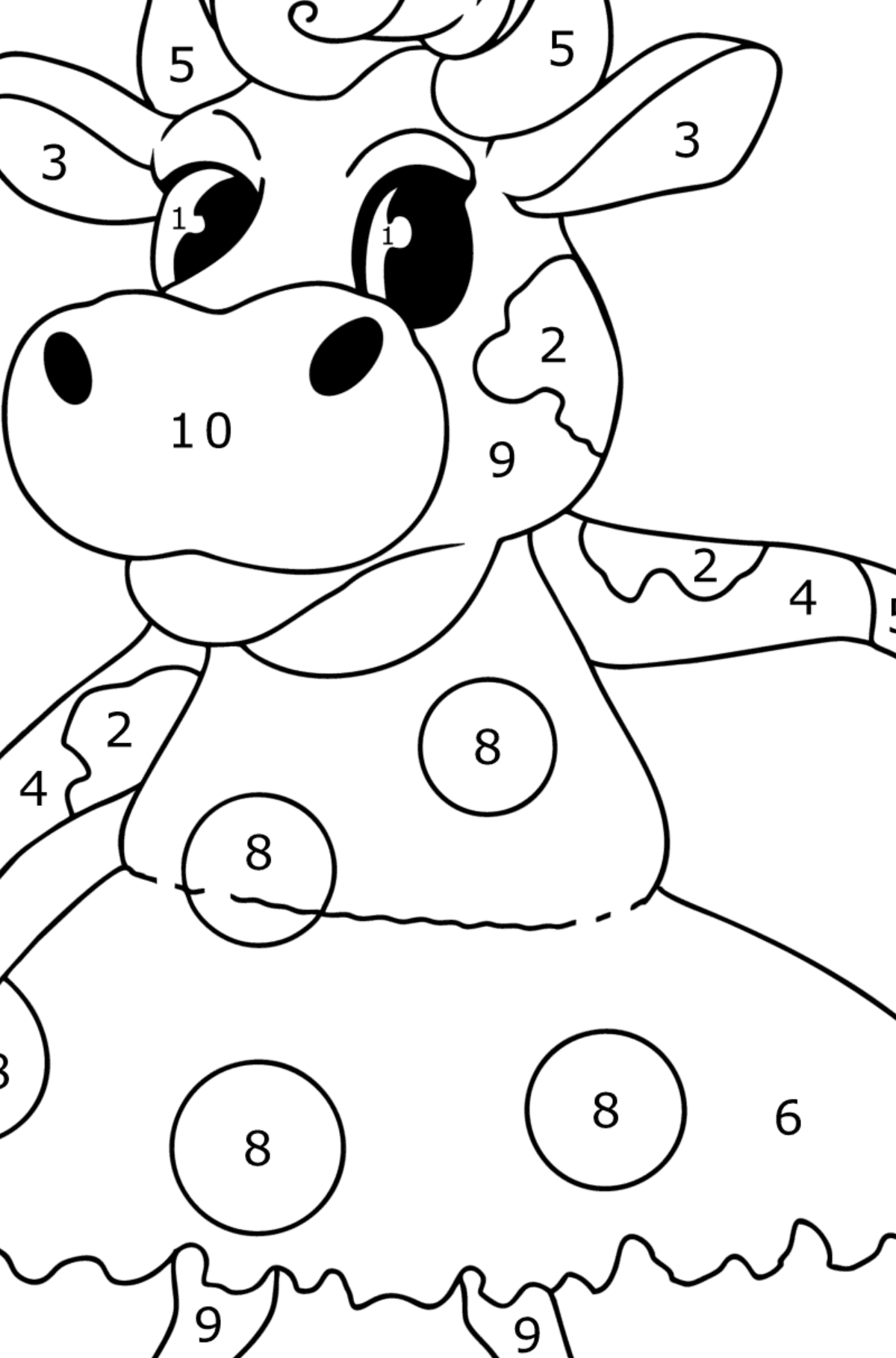 Värityskuva Kawaii-lehmä seisomassa - Väritys numeroiden mukaan lapsille
