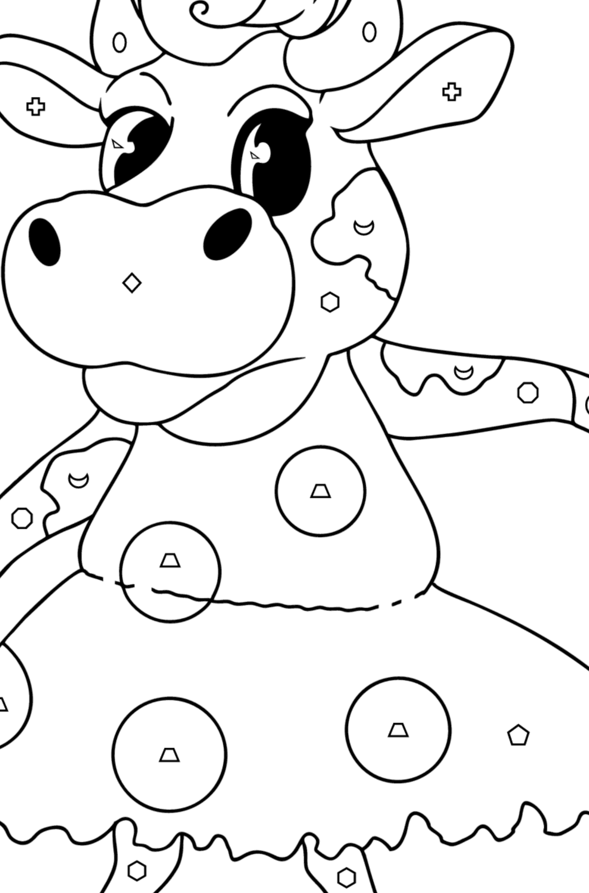 Kawaii cow standing up coloring page - Coloring by Geometric Shapes for Kids