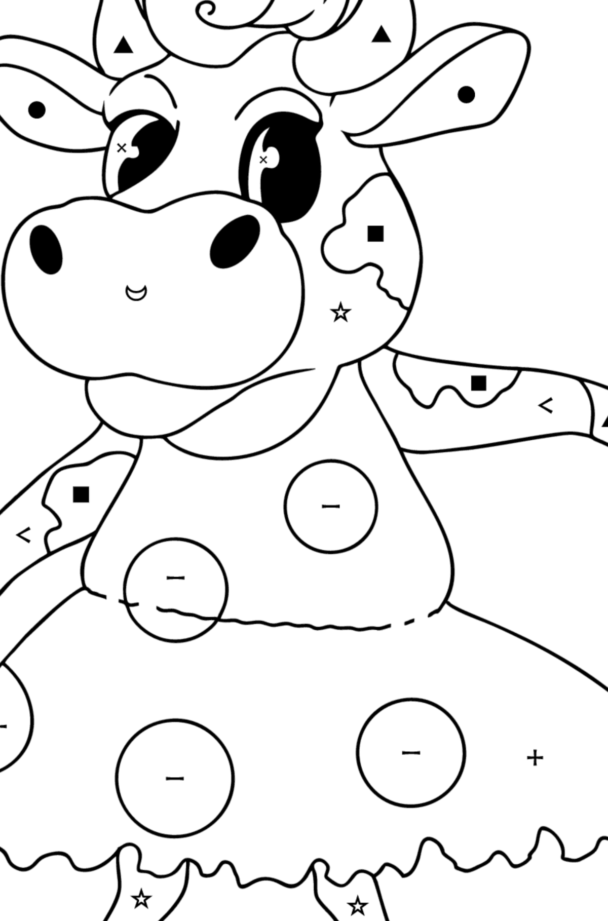 Kawaii cow standing up coloring page - Coloring by Symbols and Geometric Shapes for Kids