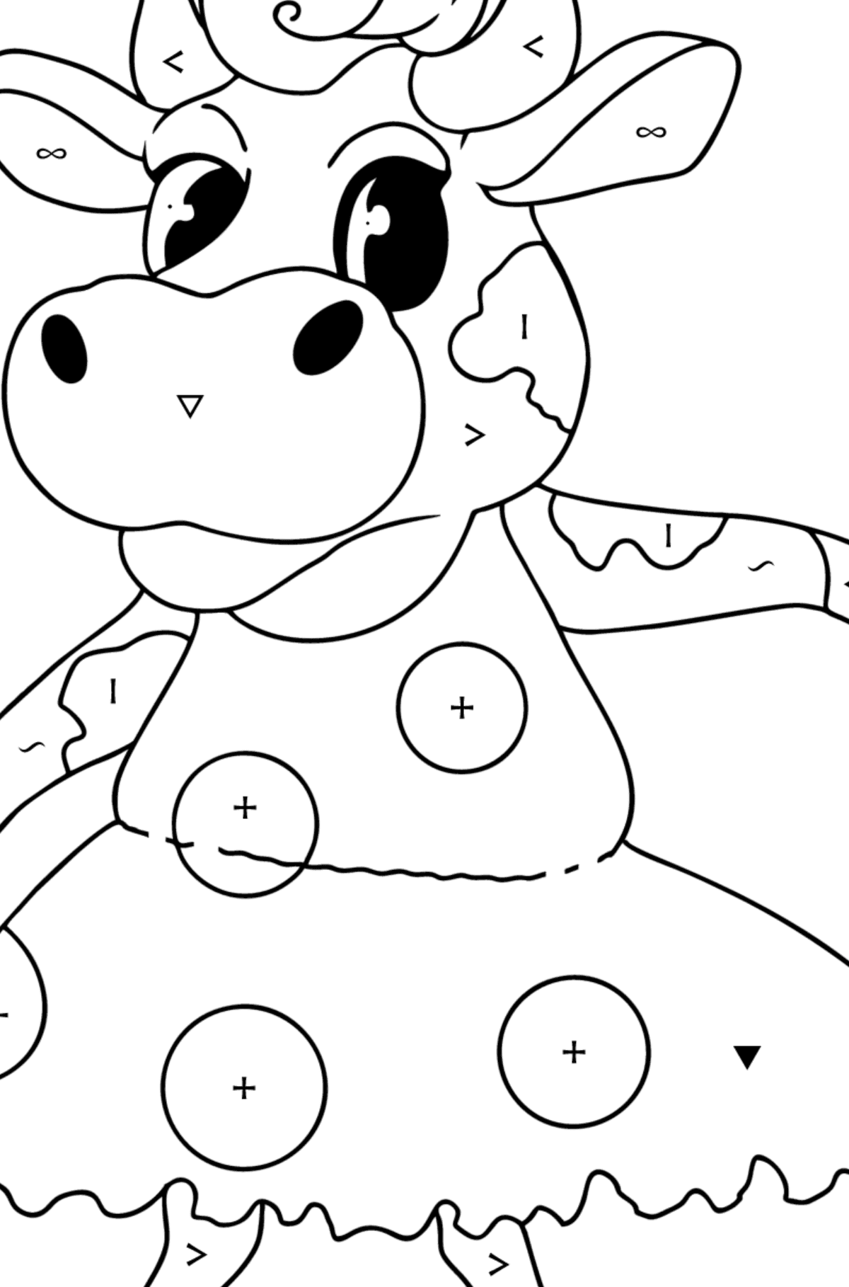 Kawaii cow standing up coloring page - Coloring by Symbols for Kids