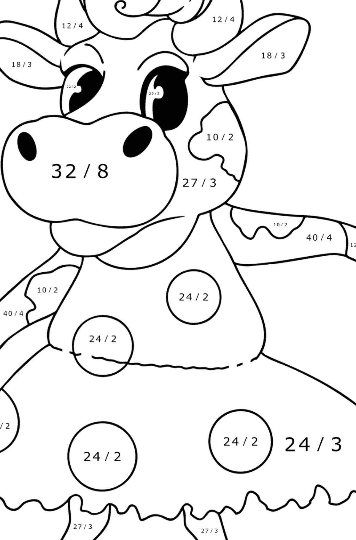 Värityskuva Kawaii-lehmä seisomassa - Matemaattinen Värityslasku - Jakolasku lapsille