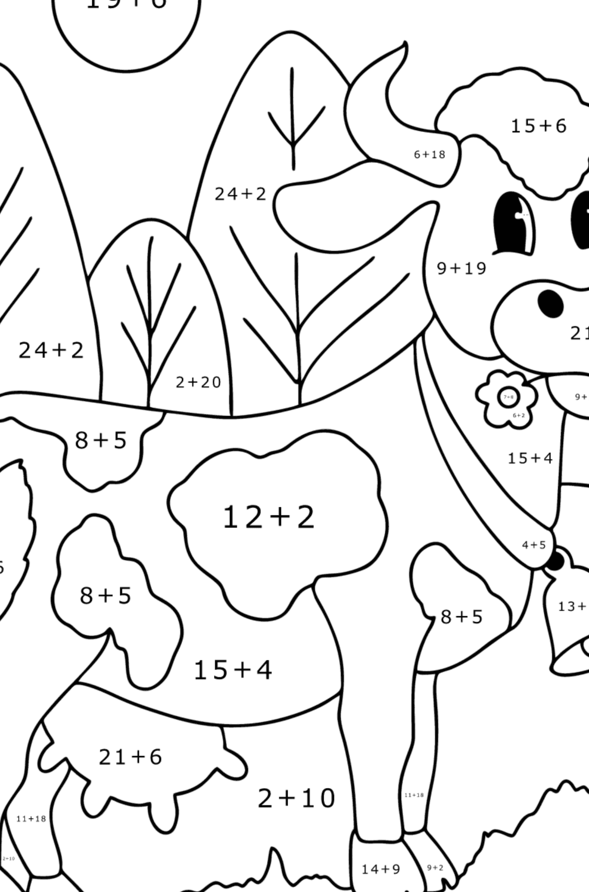 Vaca para colorear infantil - Colorear con Matemáticas - Sumas para Niños