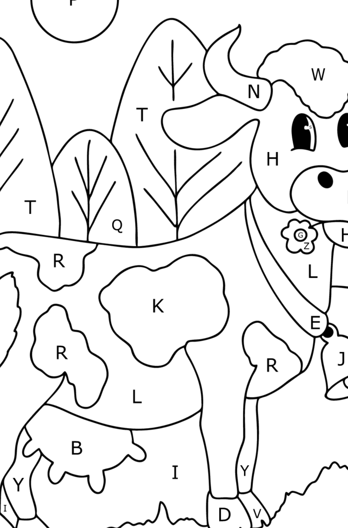 Realistic cow coloring page - Coloring by Letters for Kids