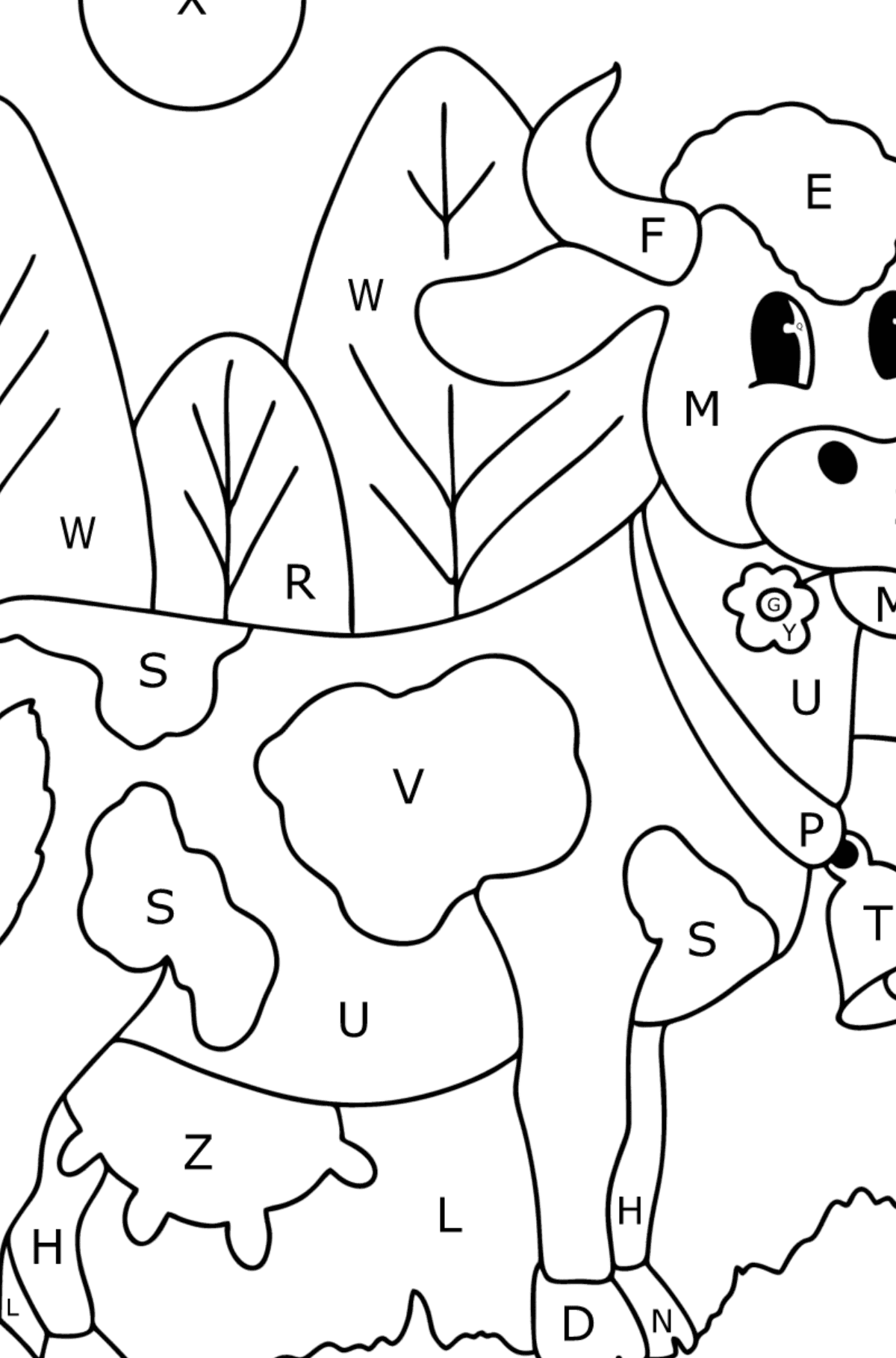 Vaca para colorear infantil - Colorear por Letras para Niños