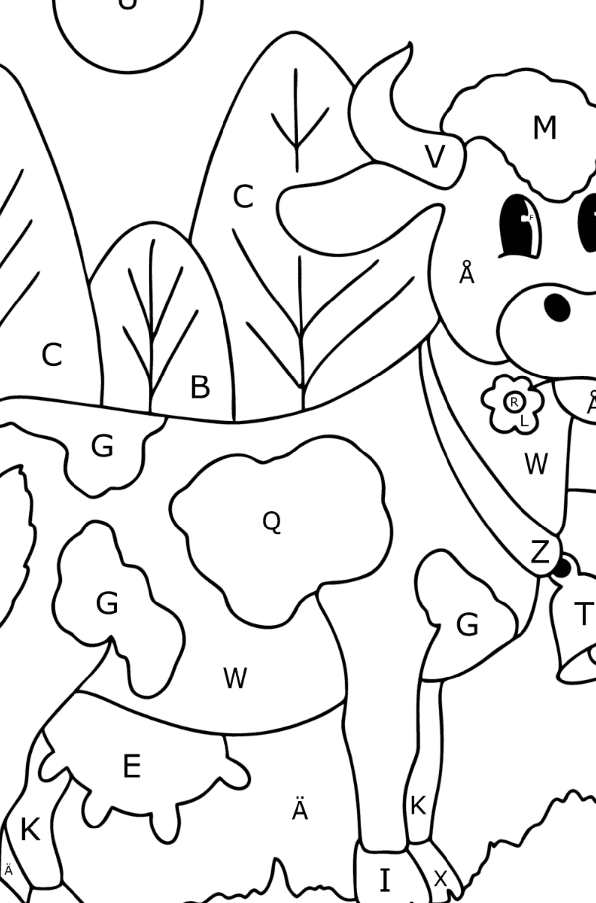 Värityskuva Realistinen lehmä - Väritys Kirjaimien mukaan lapsille