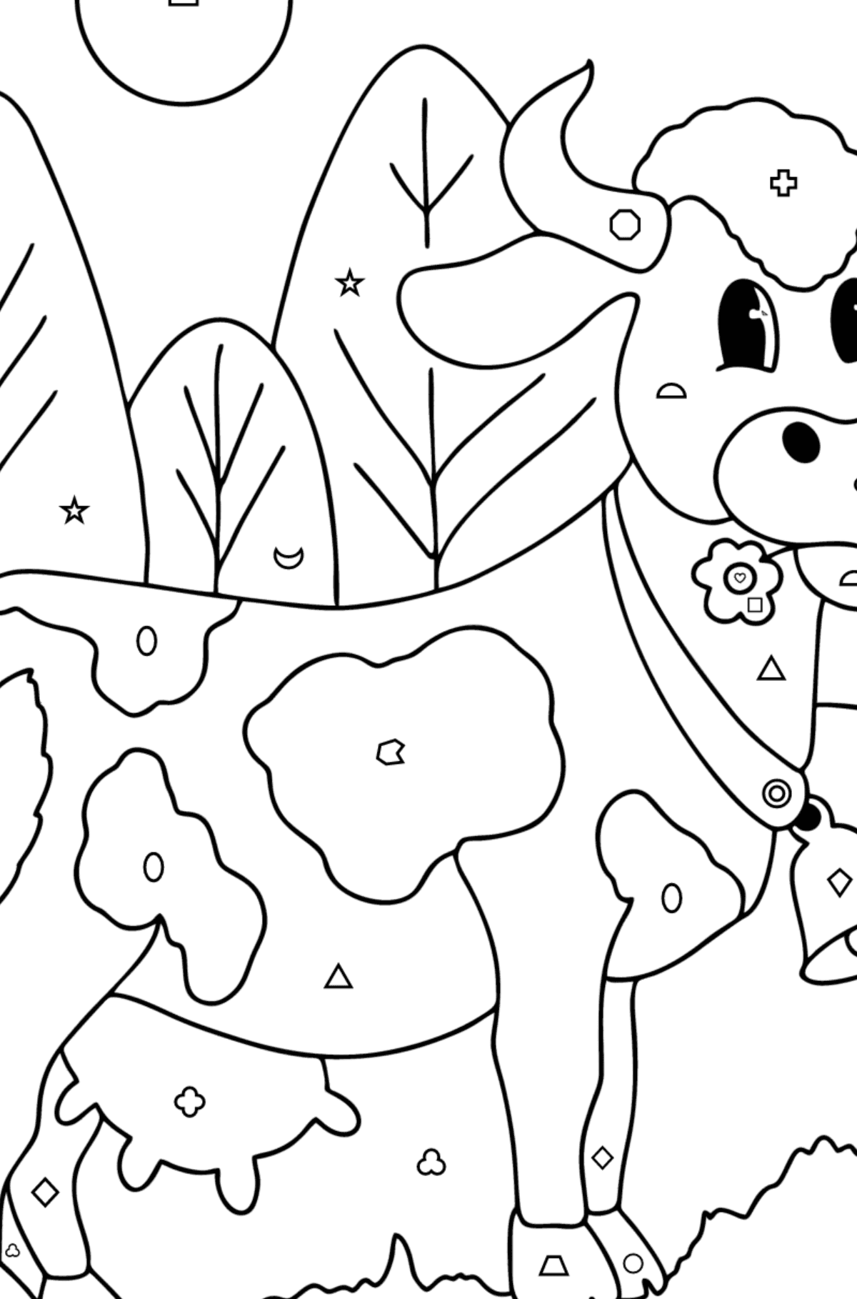 Värityskuva Realistinen lehmä - Väritys Geometristen Kuvioden mukaan lapsille