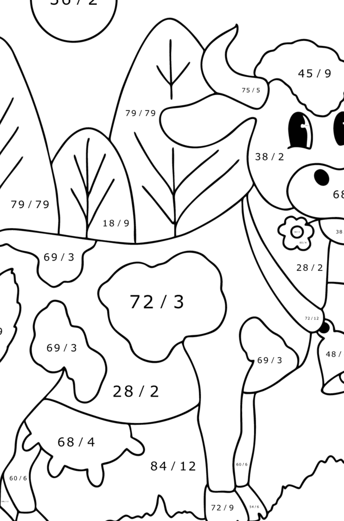 Värityskuva Realistinen lehmä - Matemaattinen Värityslasku - Jakolasku lapsille
