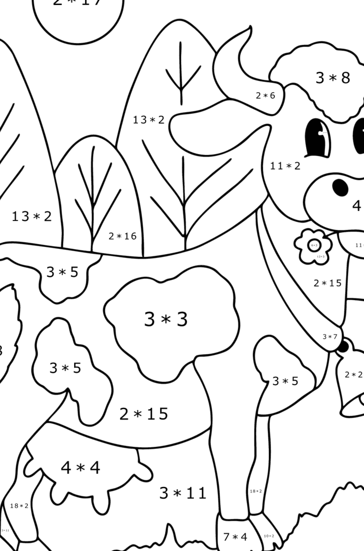 Värityskuva Realistinen lehmä - Matemaattinen Värityskirja - Kertolasku lapsille