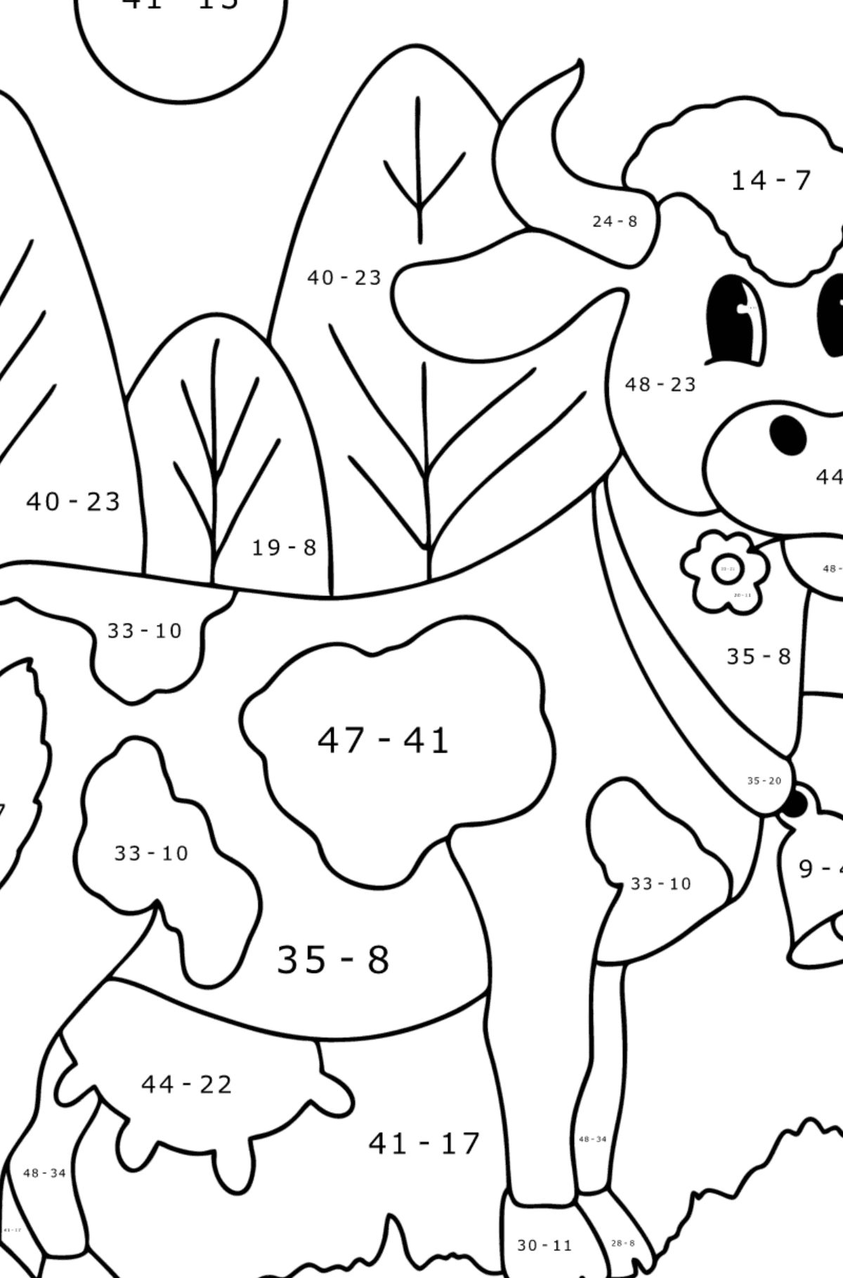 Värityskuva Realistinen lehmä - Matemaattinen Väritys - Vähennys lapsille