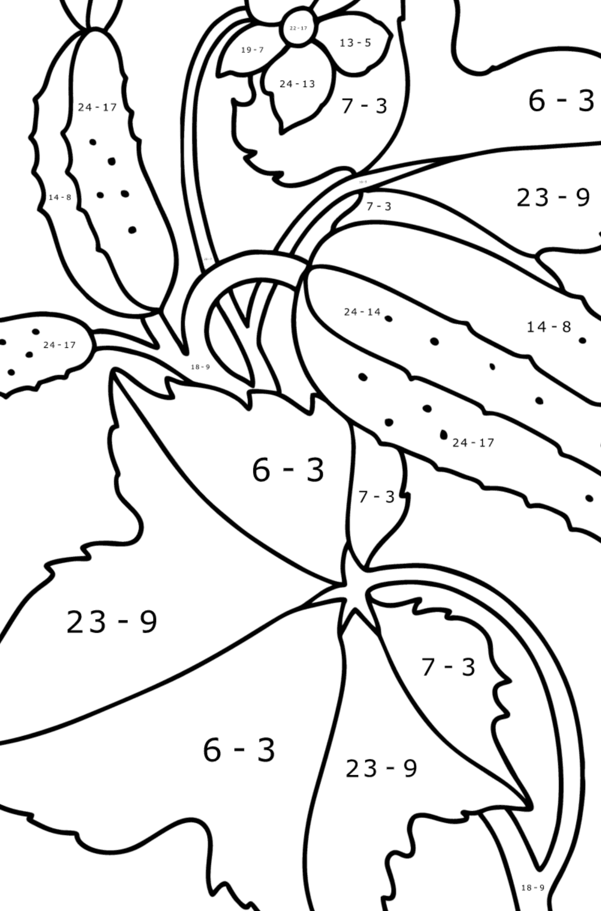 Cucumbers on a branch сoloring page - Math Coloring - Subtraction for Kids