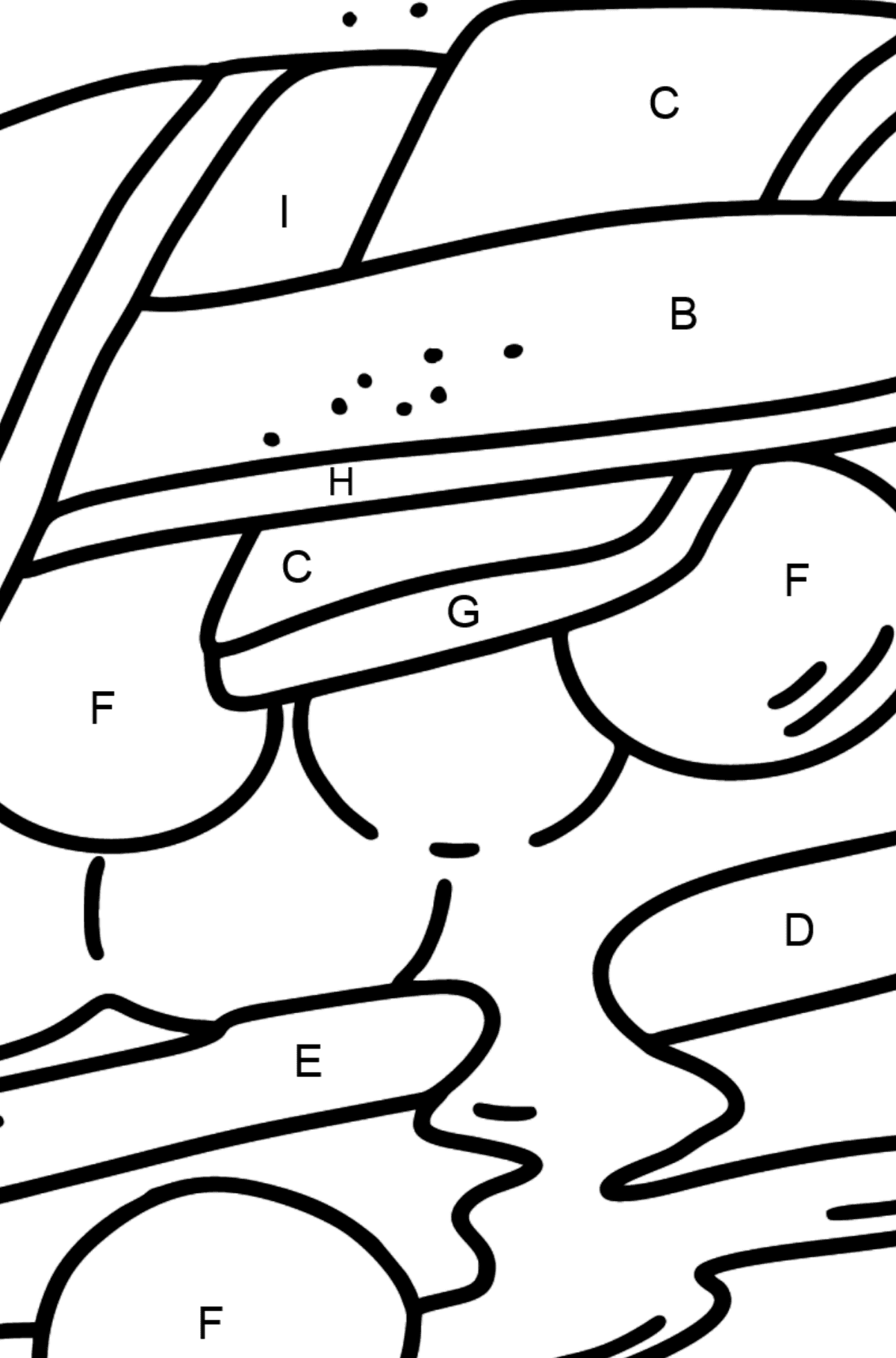 Ausmalbild: Beerenkuchen - Ausmalen nach Buchstaben für Kinder