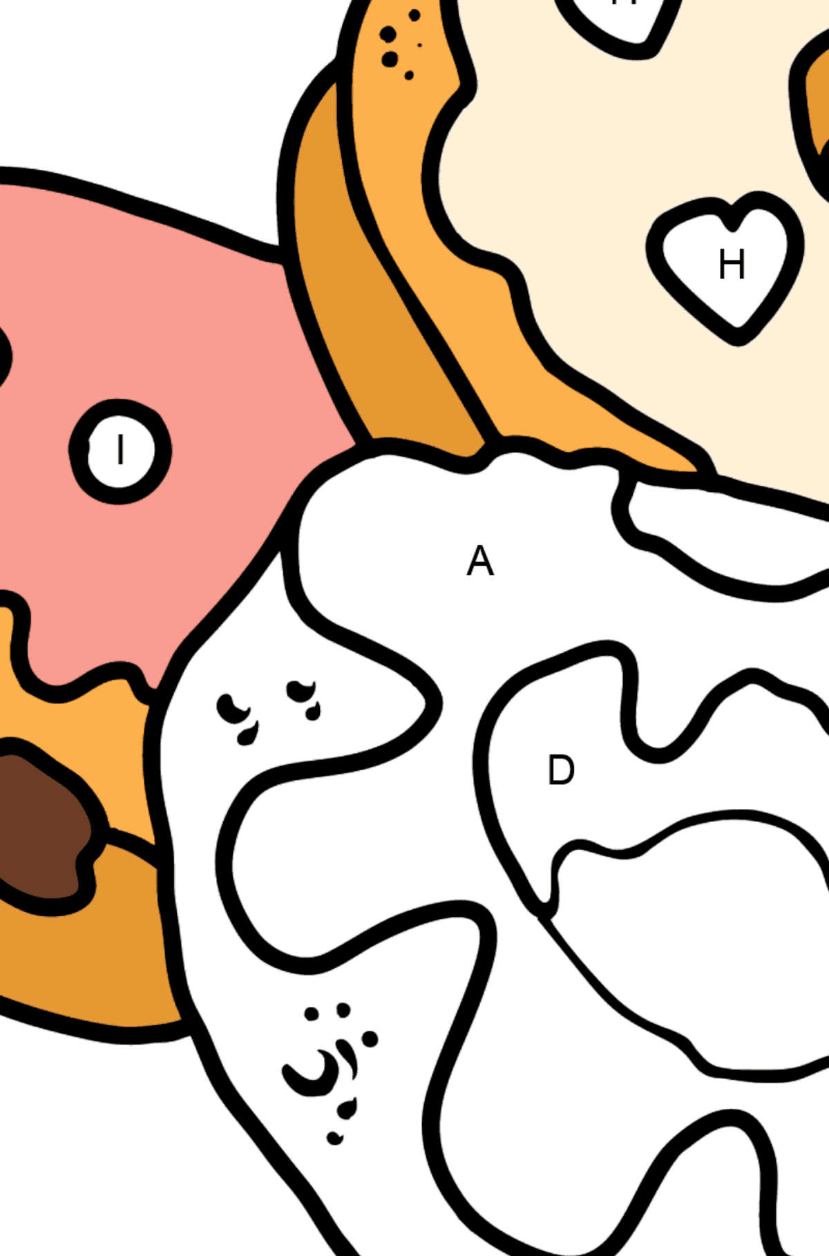 Verschiedene geformte Donuts Ausmalbild - Ausmalen nach Buchstaben für Kinder