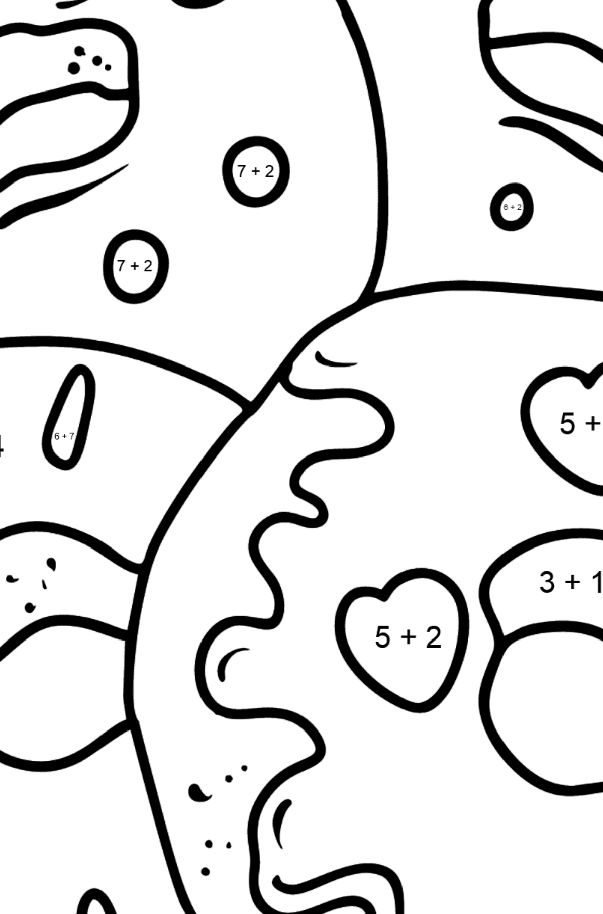 Розмальовка Пончики - Математична Розмальовка Додавання для дітей