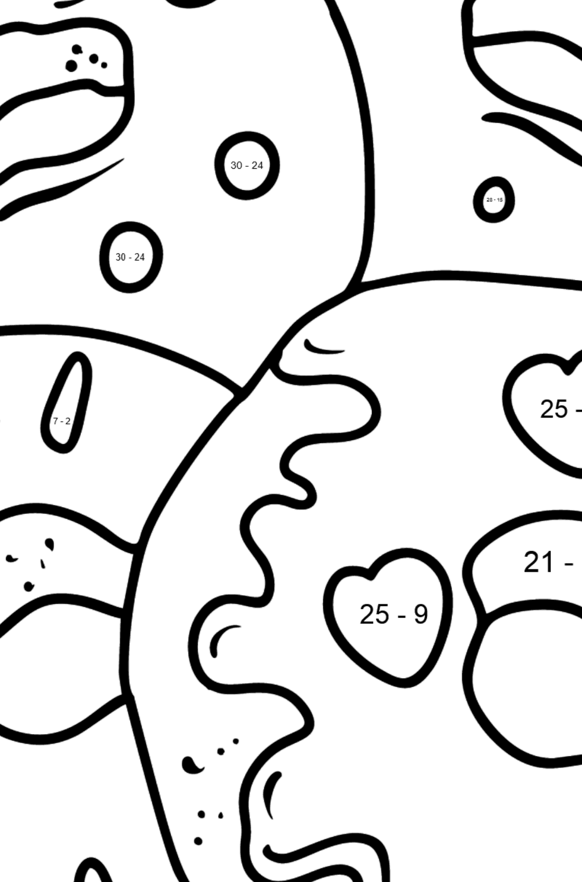 Donuts Ausmalbild - Mathe Ausmalbilder - Subtraktion für Kinder