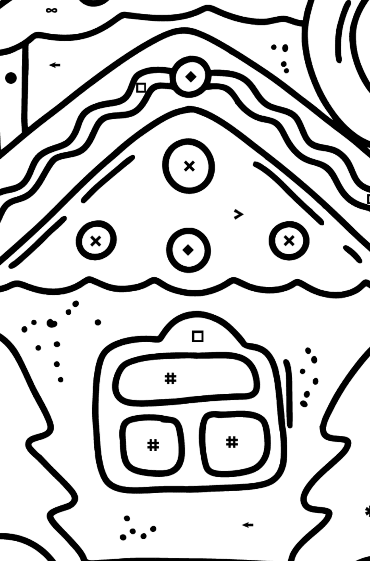 Розмальовка Пряничний будиночок з кренделями - Розмальовки за символами для дітей