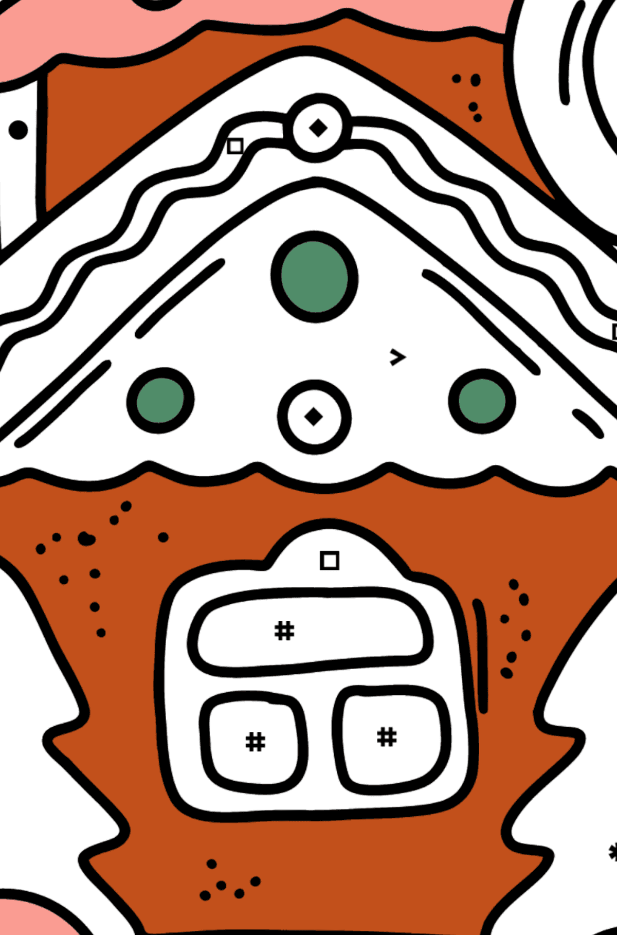 Lebkuchenhaus mit Lollipop und Brezeln Ausmalbild - Ausmalen nach Symbolen für Kinder