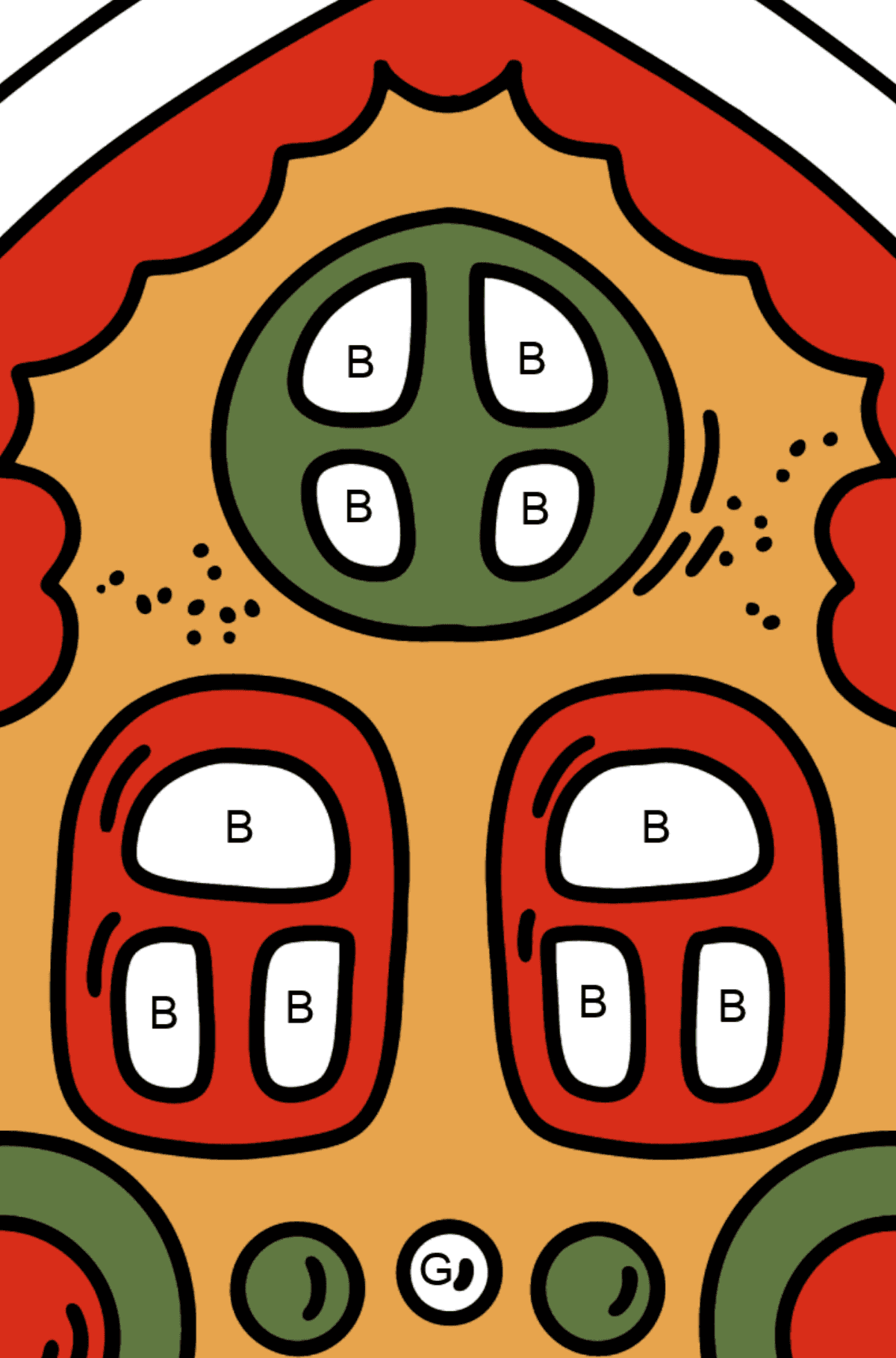Rotes grünes Lebkuchenhaus Ausmalbild - Ausmalen nach Buchstaben für Kinder