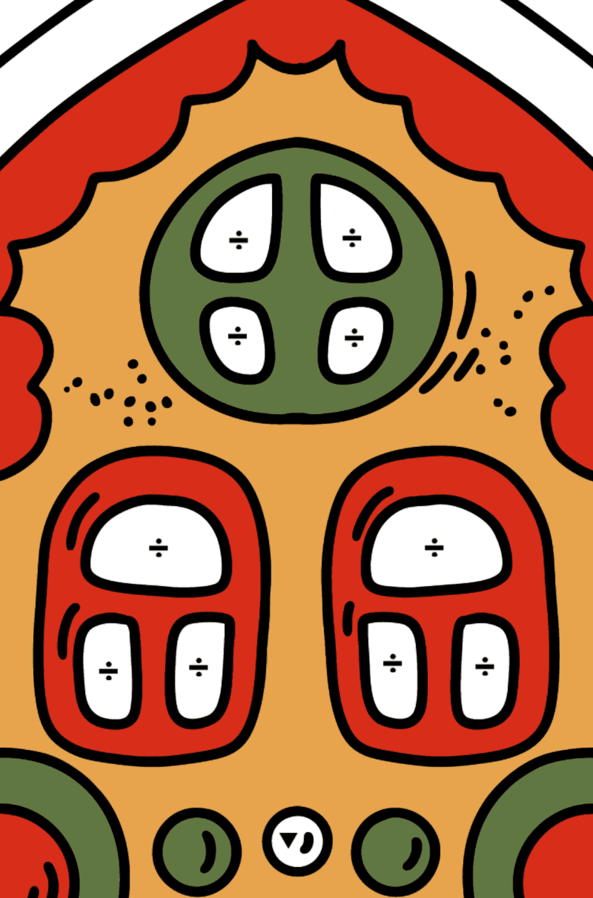 Rotes grünes Lebkuchenhaus Ausmalbild - Ausmalen nach Symbolen für Kinder