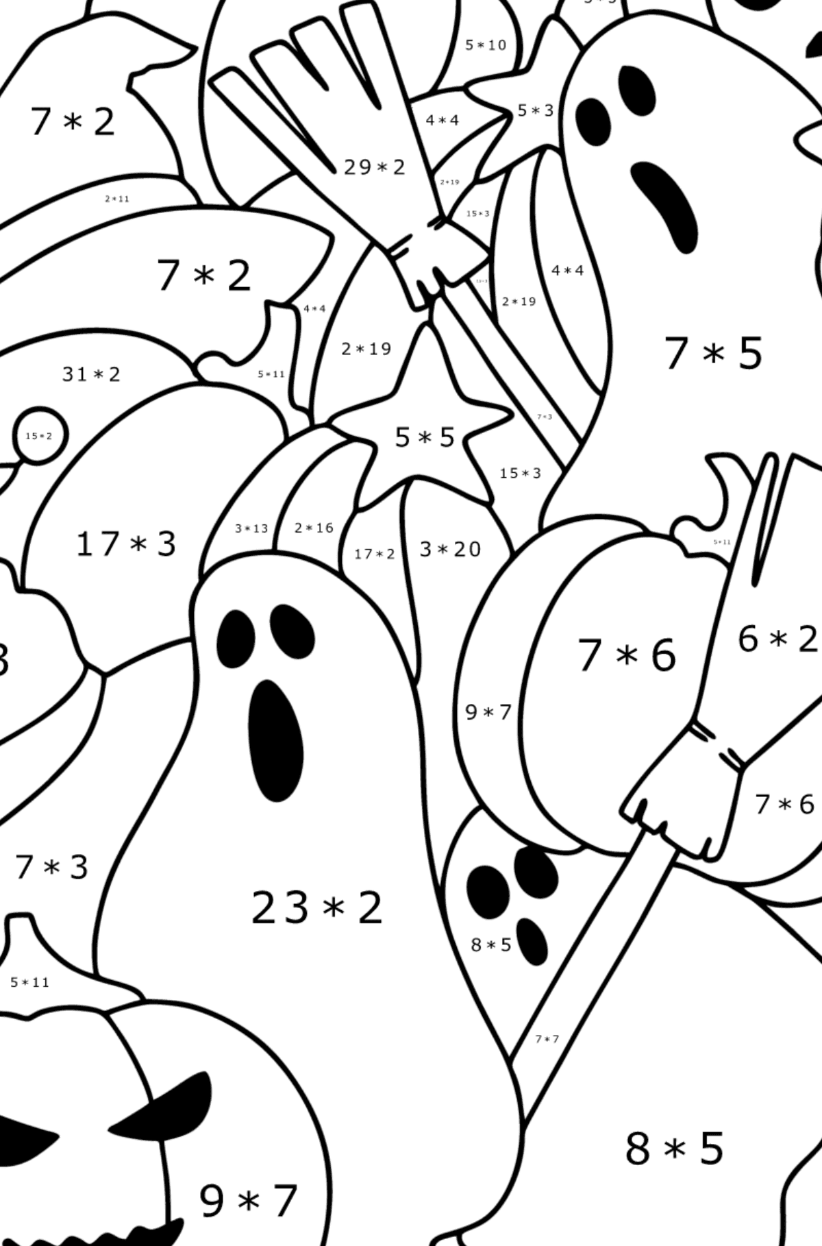 Doodle Malseite für Kinder - Halloween - Mathe Ausmalbilder - Multiplikation für Kinder