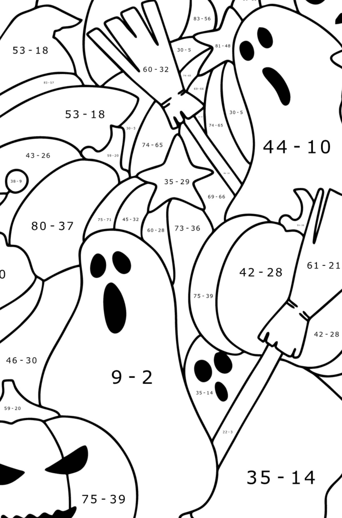 Doodle Сoloring page for Kids - Halloween - Math Coloring - Subtraction for Kids