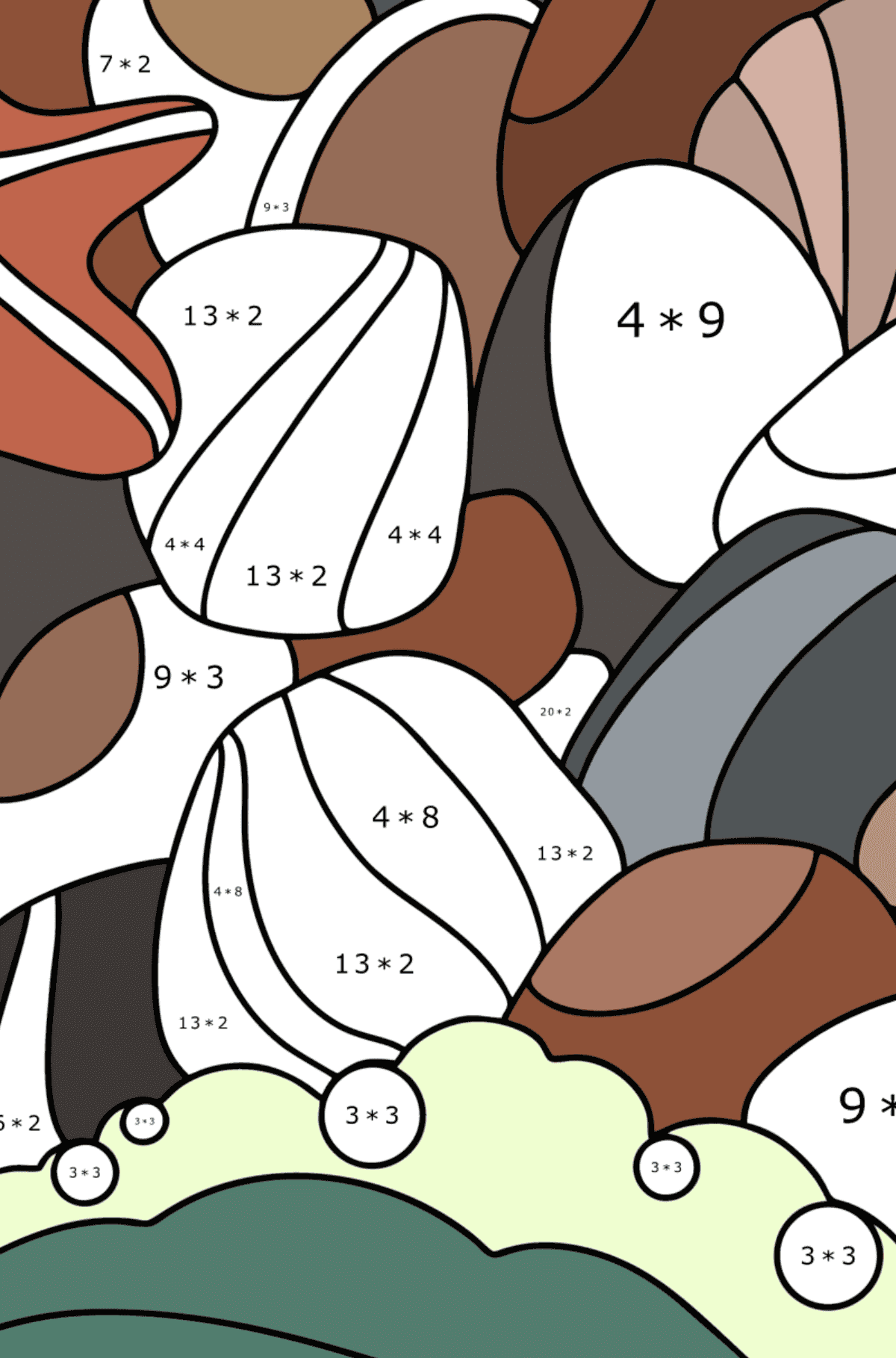 Doodle dibujo para colorear para niños - Sea Pebbles - Colorear con Matemáticas - Multiplicaciones para Niños