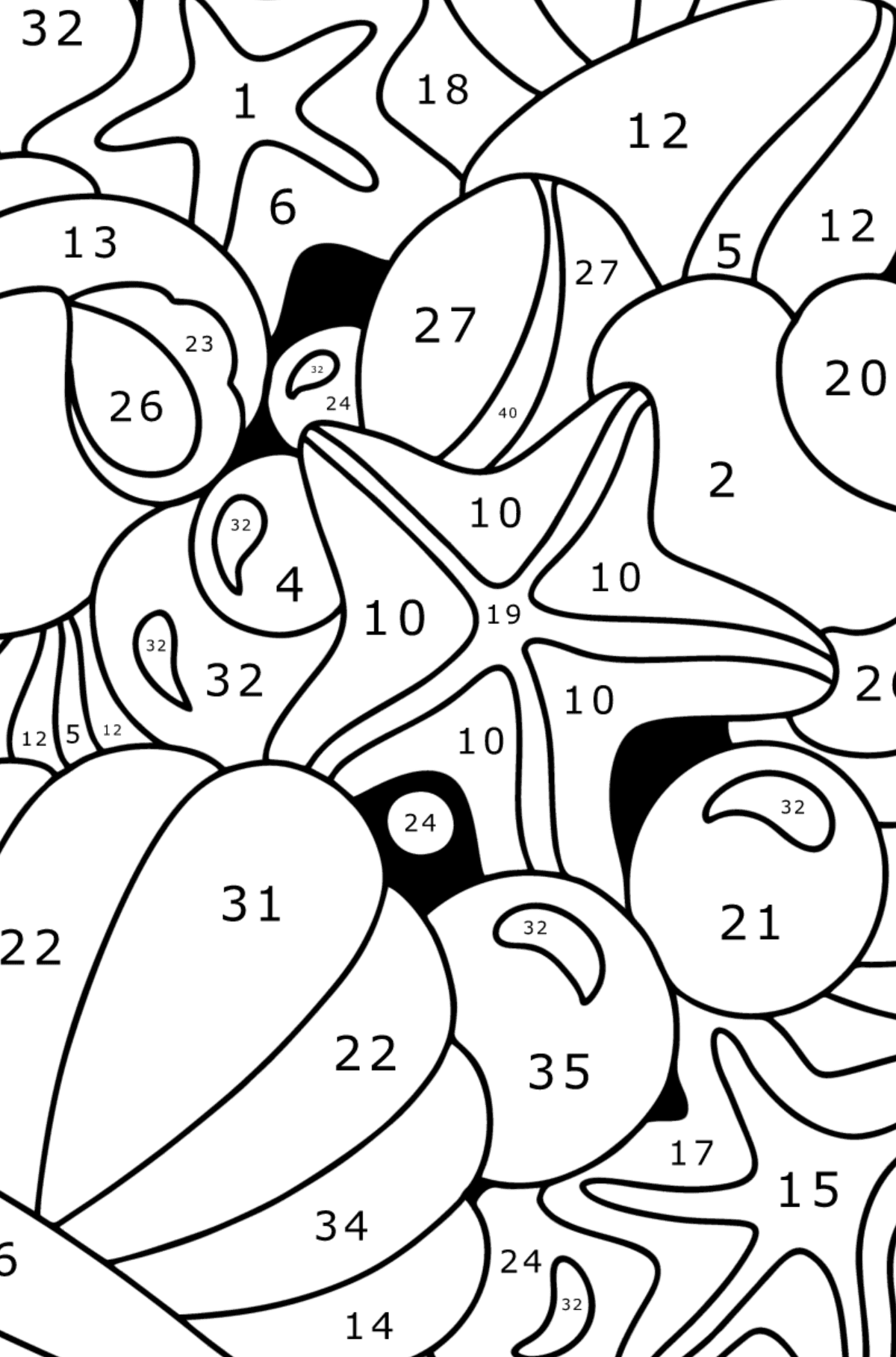 Doodle Malvorlagen für Kinder - Muscheln - Malen nach Zahlen für Kinder