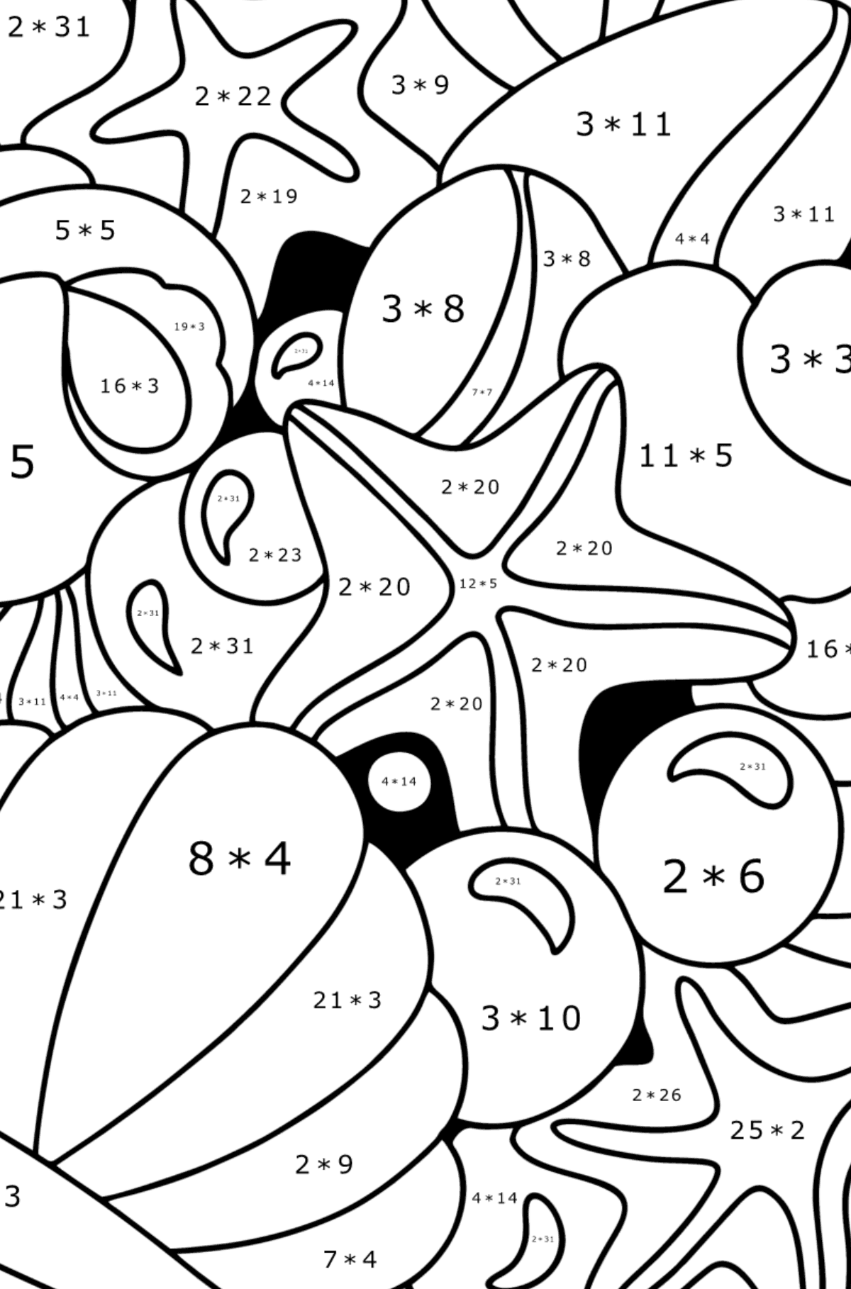 Kolorowanka Doodle dla dzieci - Muszle - Kolorowanki matematyczne mnożenie dla dzieci
