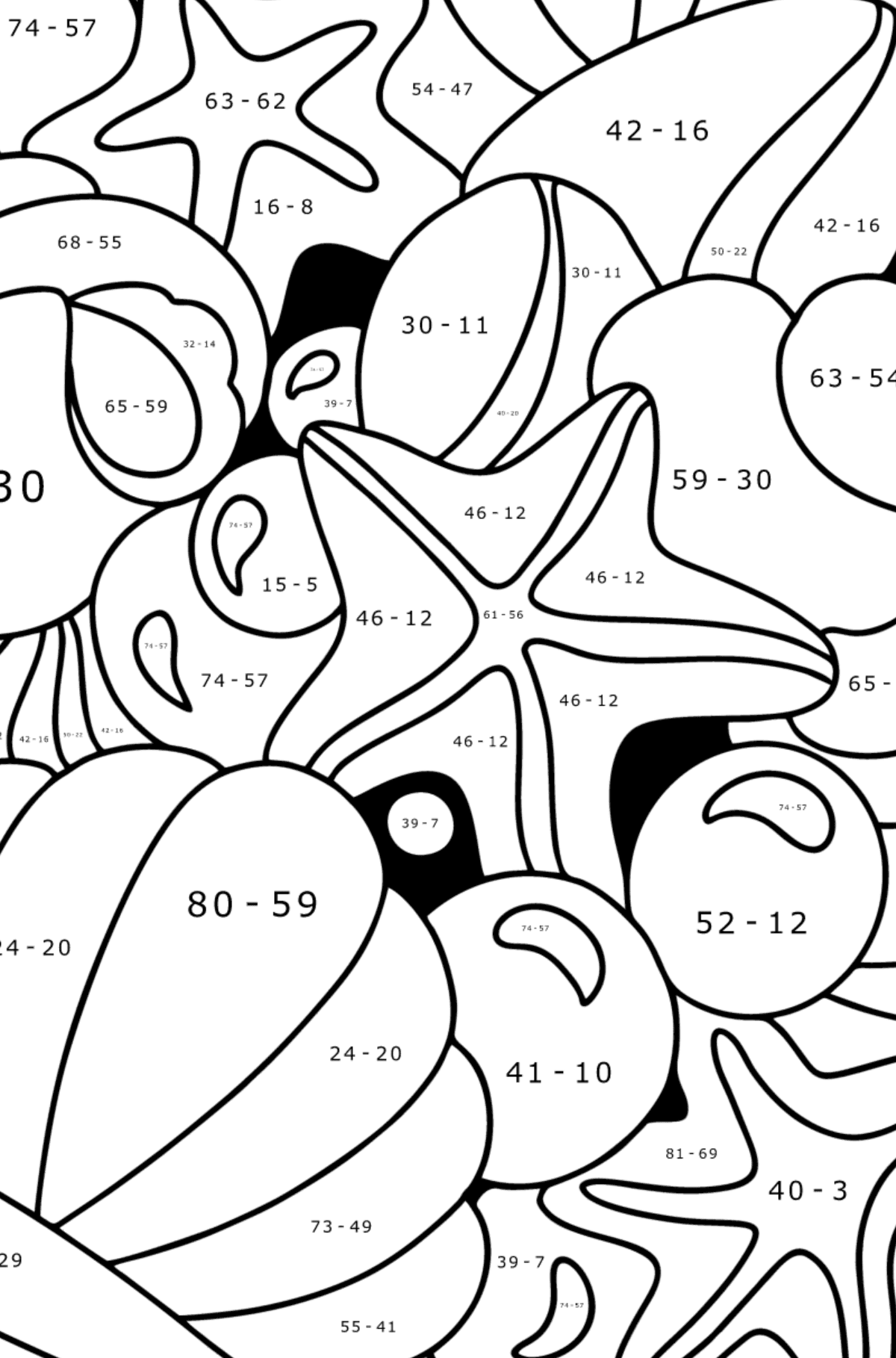 Doodle coloring page for Kids - Shells - Math Coloring - Subtraction for Kids