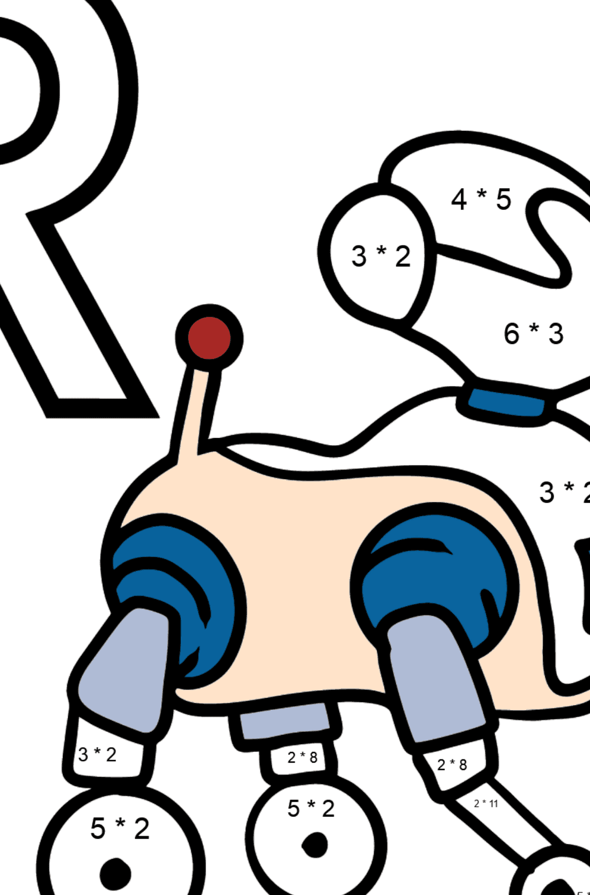 Dibujo de Letra R inglesa para colorear - ROBOT - Colorear con Matemáticas - Multiplicaciones para Niños