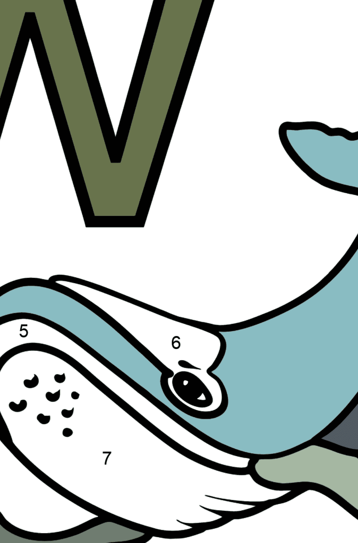 English Letter W coloring pages - WHALE - Coloring by Numbers for Kids