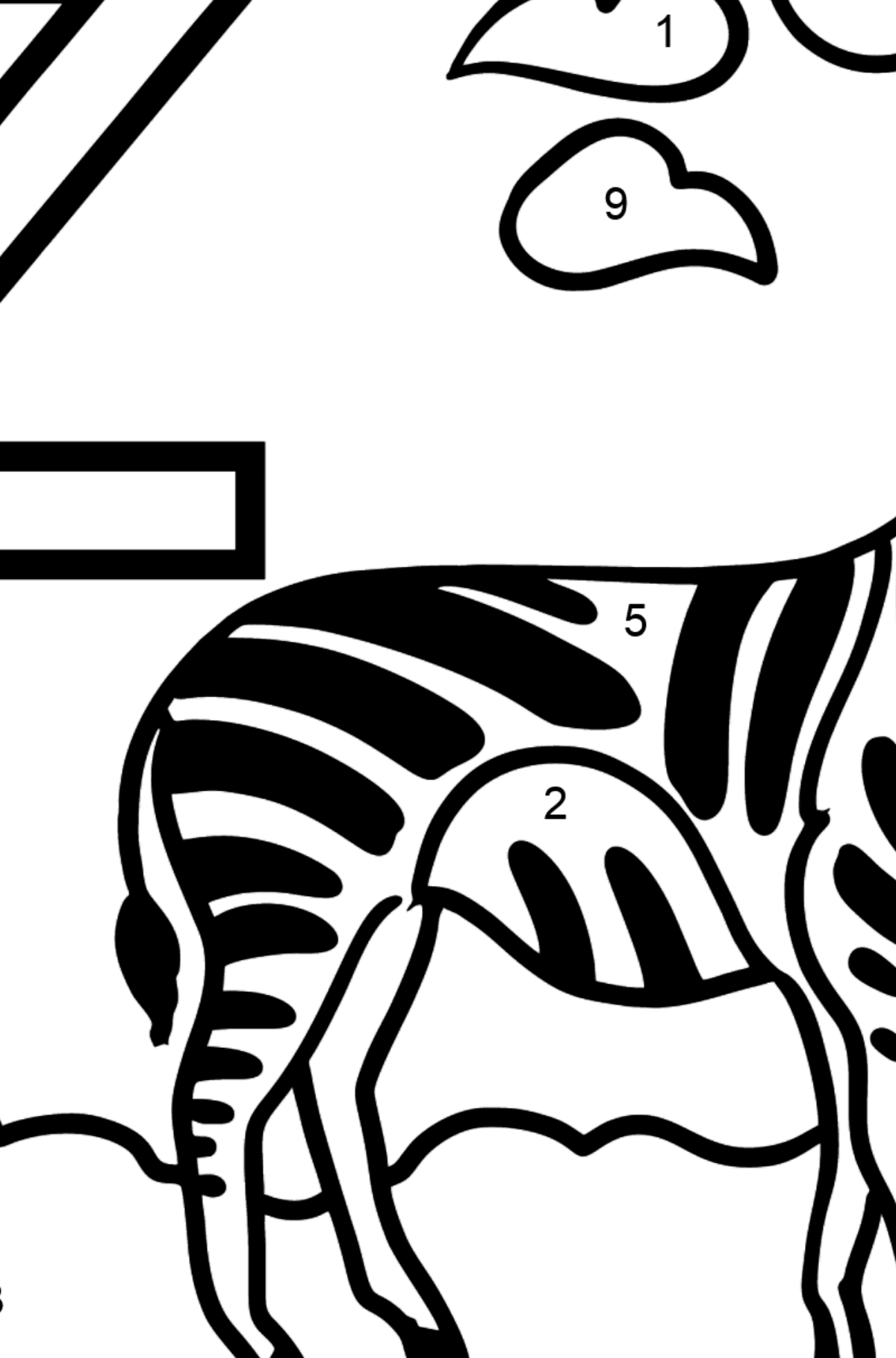 English Letter Z coloring pages - ZEBRA - Coloring by Numbers for Kids