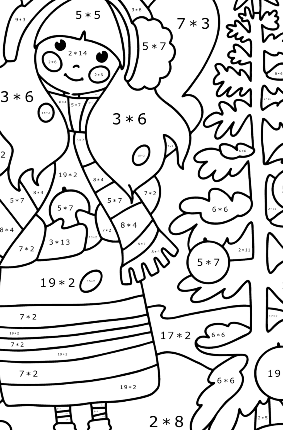 Disegno di Fata di Natale da colorare - Colorazione matematica - Moltiplicazione per bambini