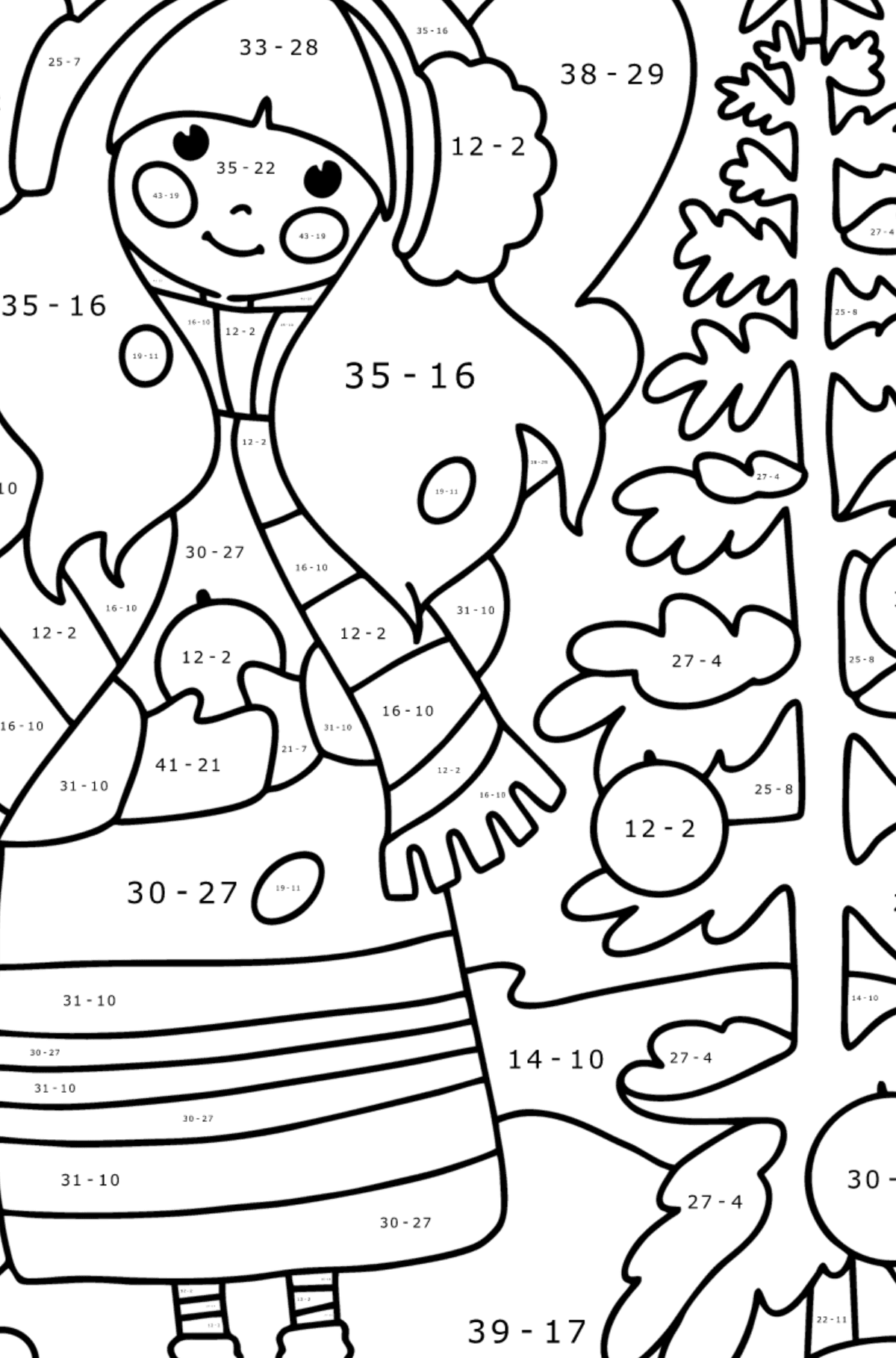 Ausmalbild Weihnachtsfee - Mathe Ausmalbilder - Subtraktion für Kinder