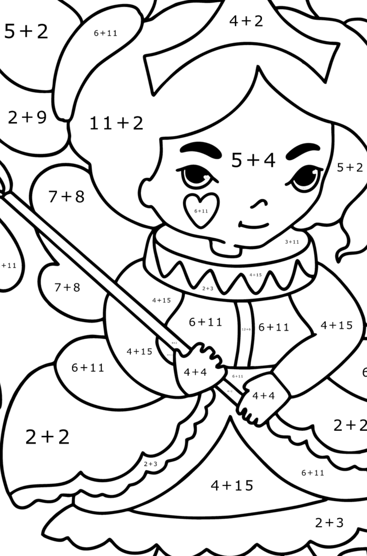 Ausmalbild Fee in einem schönen Kleid - Mathe Ausmalbilder - Addition für Kinder