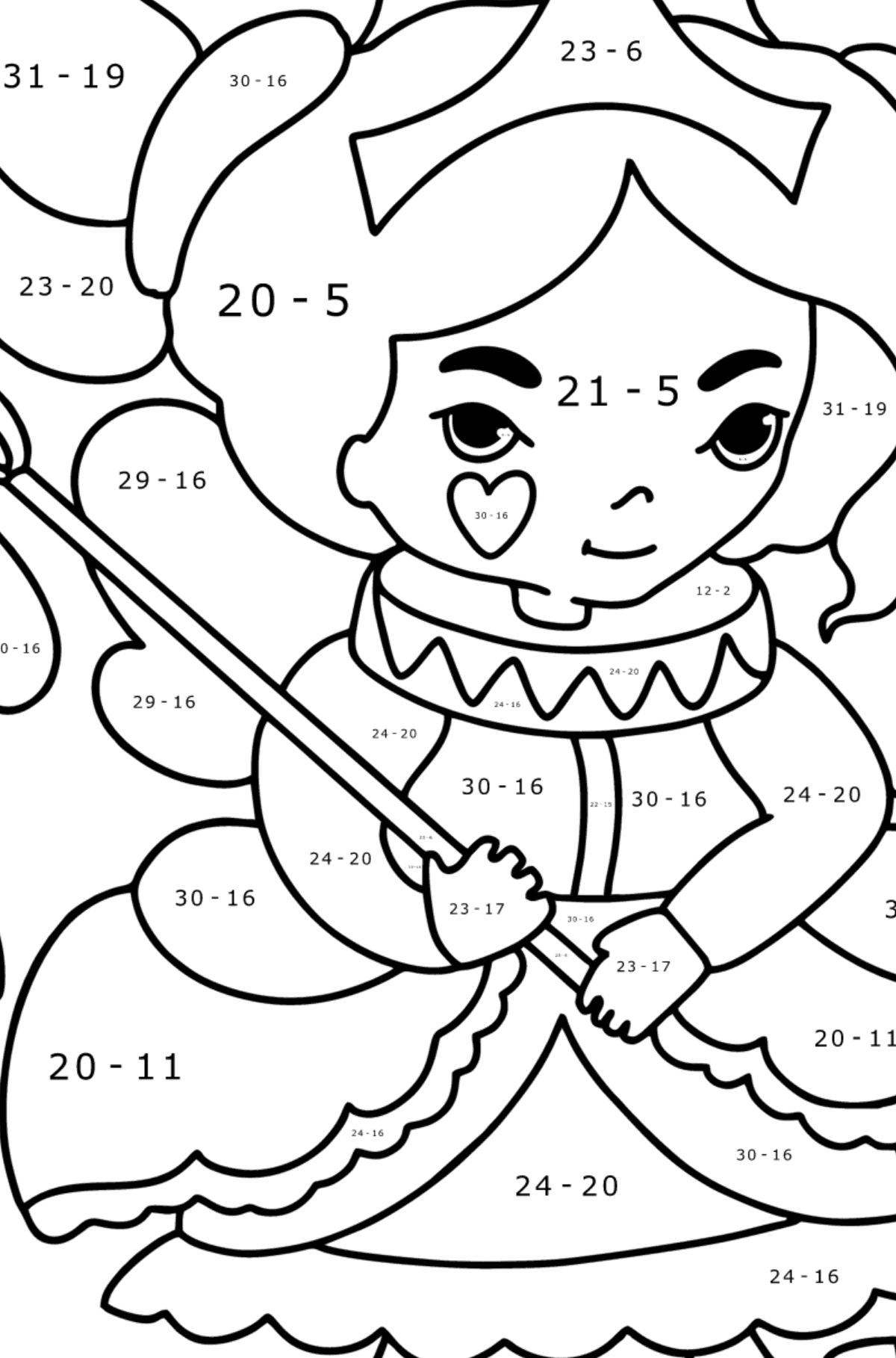 Ausmalbild Fee in einem schönen Kleid - Mathe Ausmalbilder - Subtraktion für Kinder